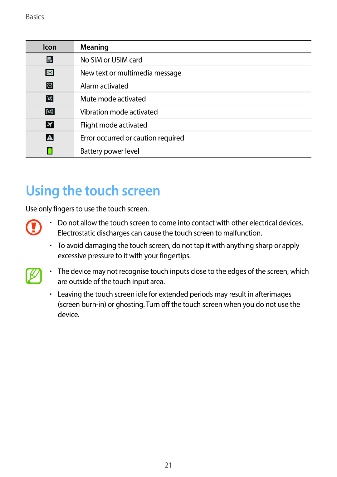 Samsung SM-G7105ZWAAMO, SM-G7105ZKAATO, SM-G7105ZWAATO, SM-G7105ZKATUR manual Using the touch screen, Basics, Icon Meaning 