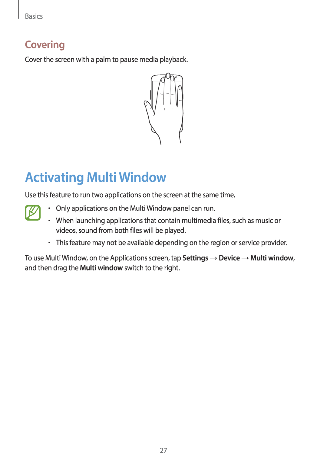 Samsung SM-G7105ZWAXSG, SM-G7105ZKAATO, SM-G7105ZWAATO, SM-G7105ZKATUR manual Activating Multi Window, Covering, Basics 