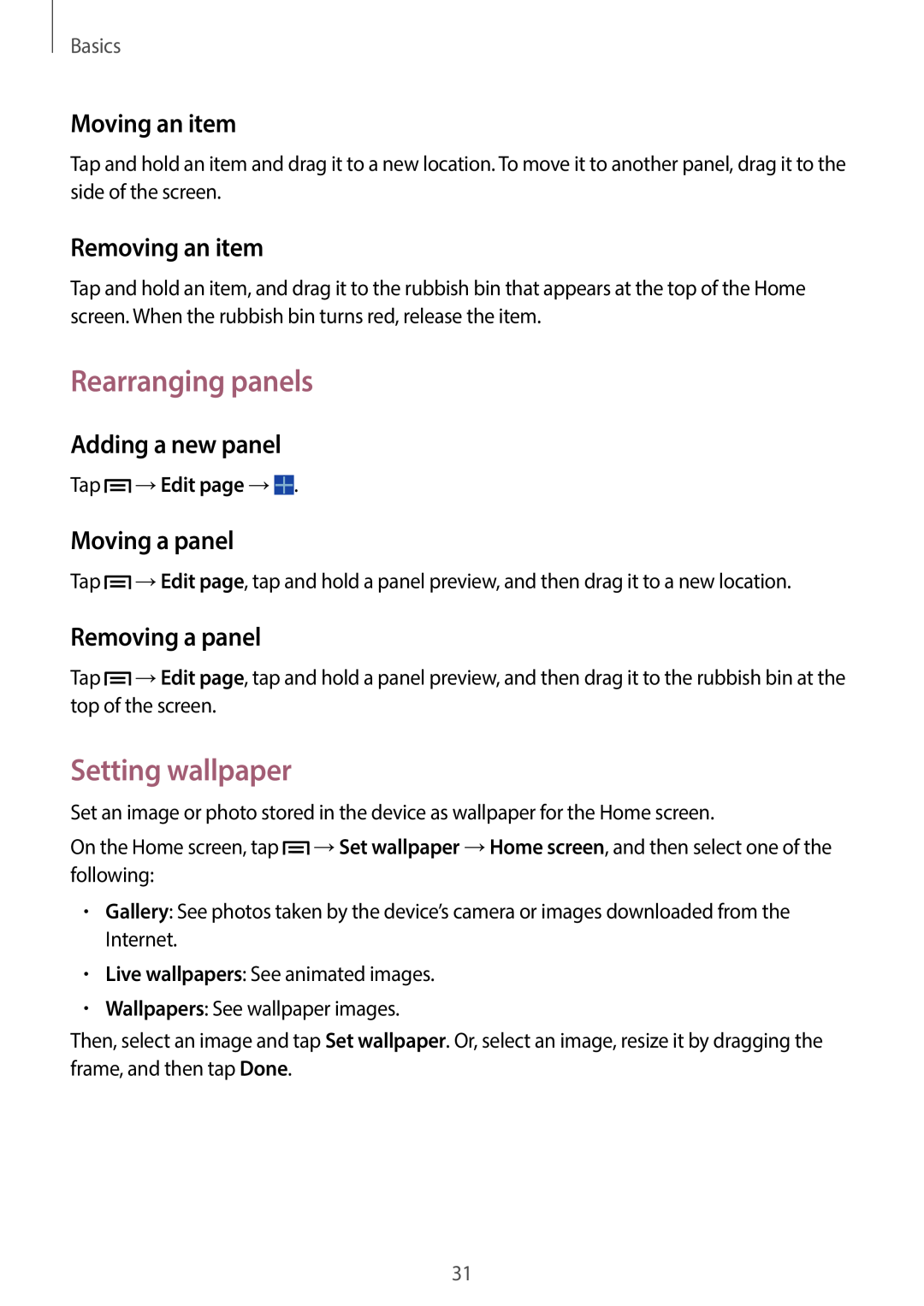 Samsung SM-G7105ZWANEE Rearranging panels, Setting wallpaper, Moving an item, Removing an item, Adding a new panel, Basics 