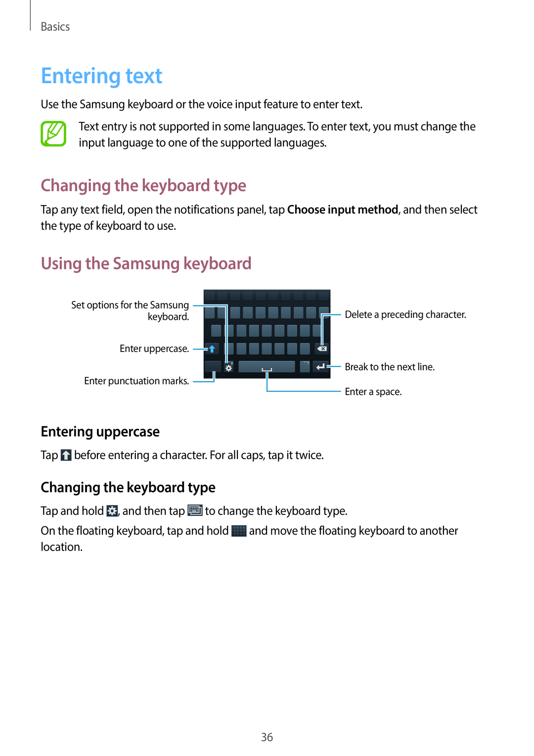 Samsung SM-G7105ZKAPTR Entering text, Changing the keyboard type, Using the Samsung keyboard, Entering uppercase, Basics 