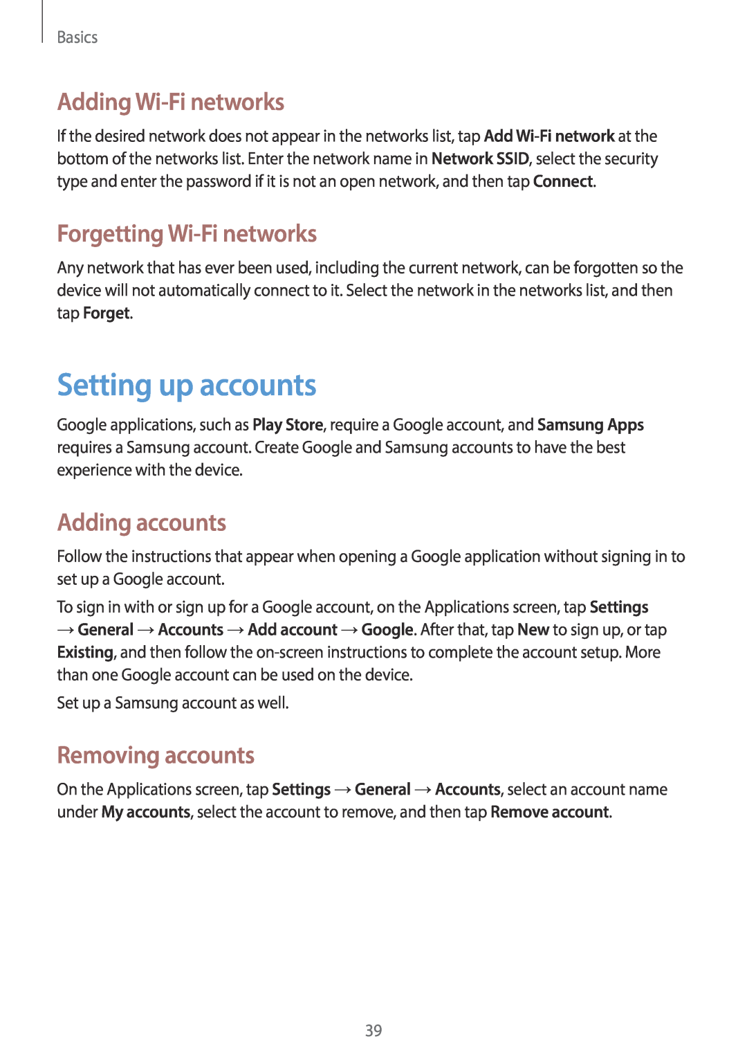 Samsung SM-G7105ZWAILO Setting up accounts, Adding Wi-Fi networks, Forgetting Wi-Fi networks, Adding accounts, Basics 