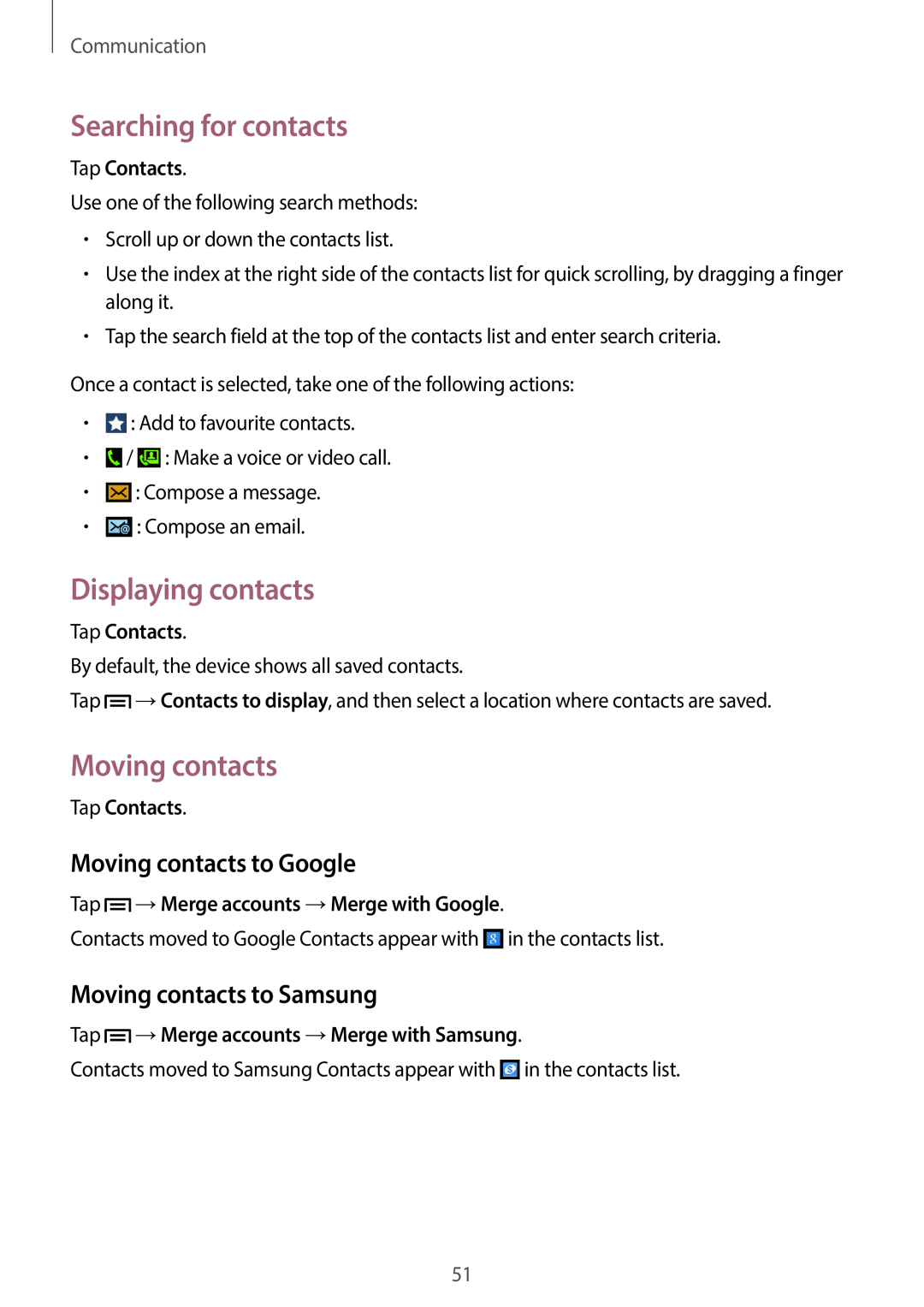 Samsung SM-G7105ZBAFTM manual Searching for contacts, Displaying contacts, Moving contacts to Google, Communication 