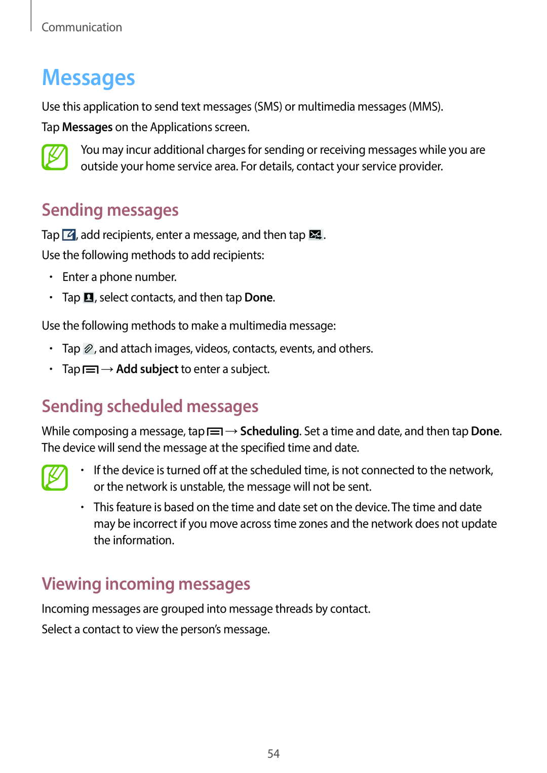 Samsung SM-G7105ZKAXEF Messages, Sending messages, Sending scheduled messages, Viewing incoming messages, Communication 