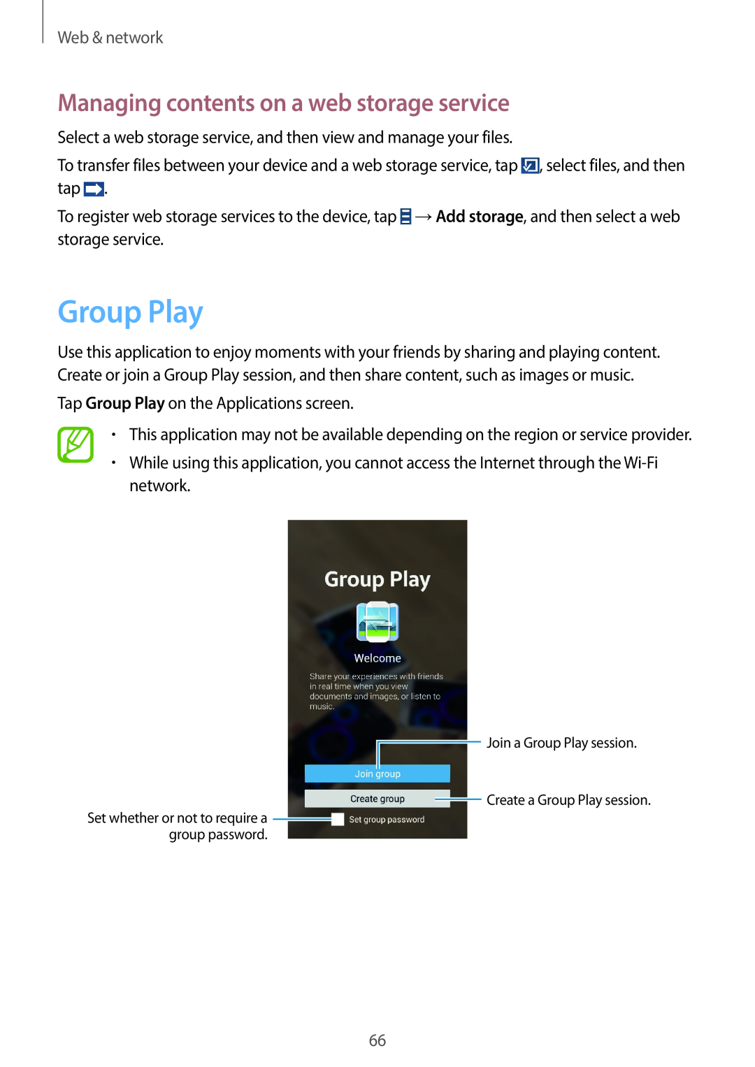 Samsung SM-G7105ZKAPHE, SM-G7105ZKAATO manual Group Play, Managing contents on a web storage service, Web & network 