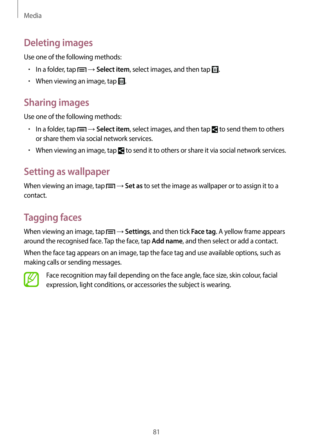 Samsung SM-G7105ZKAPCL, SM-G7105ZKAATO manual Deleting images, Sharing images, Setting as wallpaper, Tagging faces, Media 