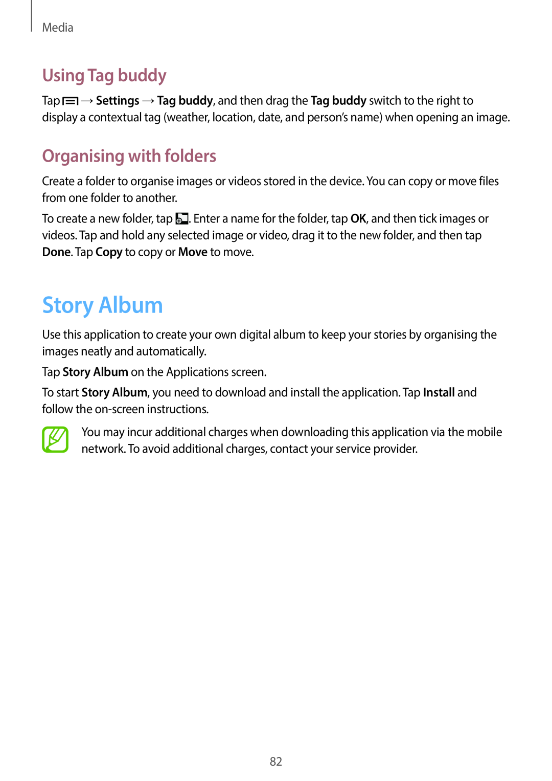 Samsung SM-G7105ZWAILO, SM-G7105ZKAATO, SM-G7105ZWAATO manual Story Album, Using Tag buddy, Organising with folders, Media 