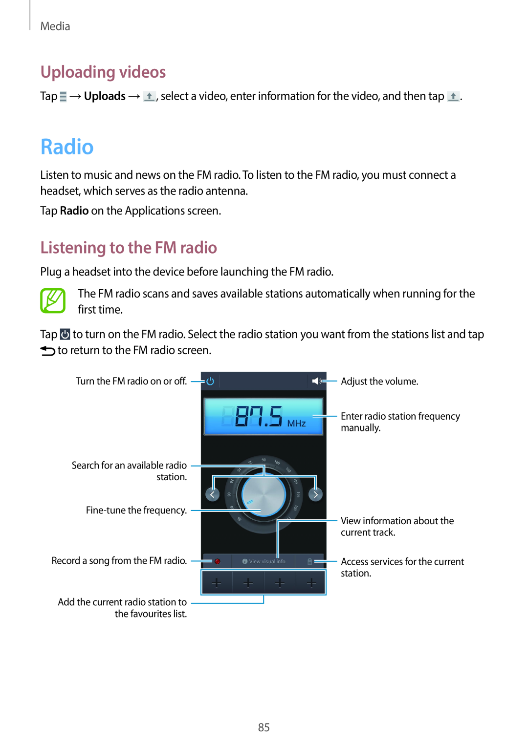 Samsung SM-G7105ZKAILO, SM-G7105ZKAATO, SM-G7105ZWAATO manual Radio, Uploading videos, Listening to the FM radio, Media 