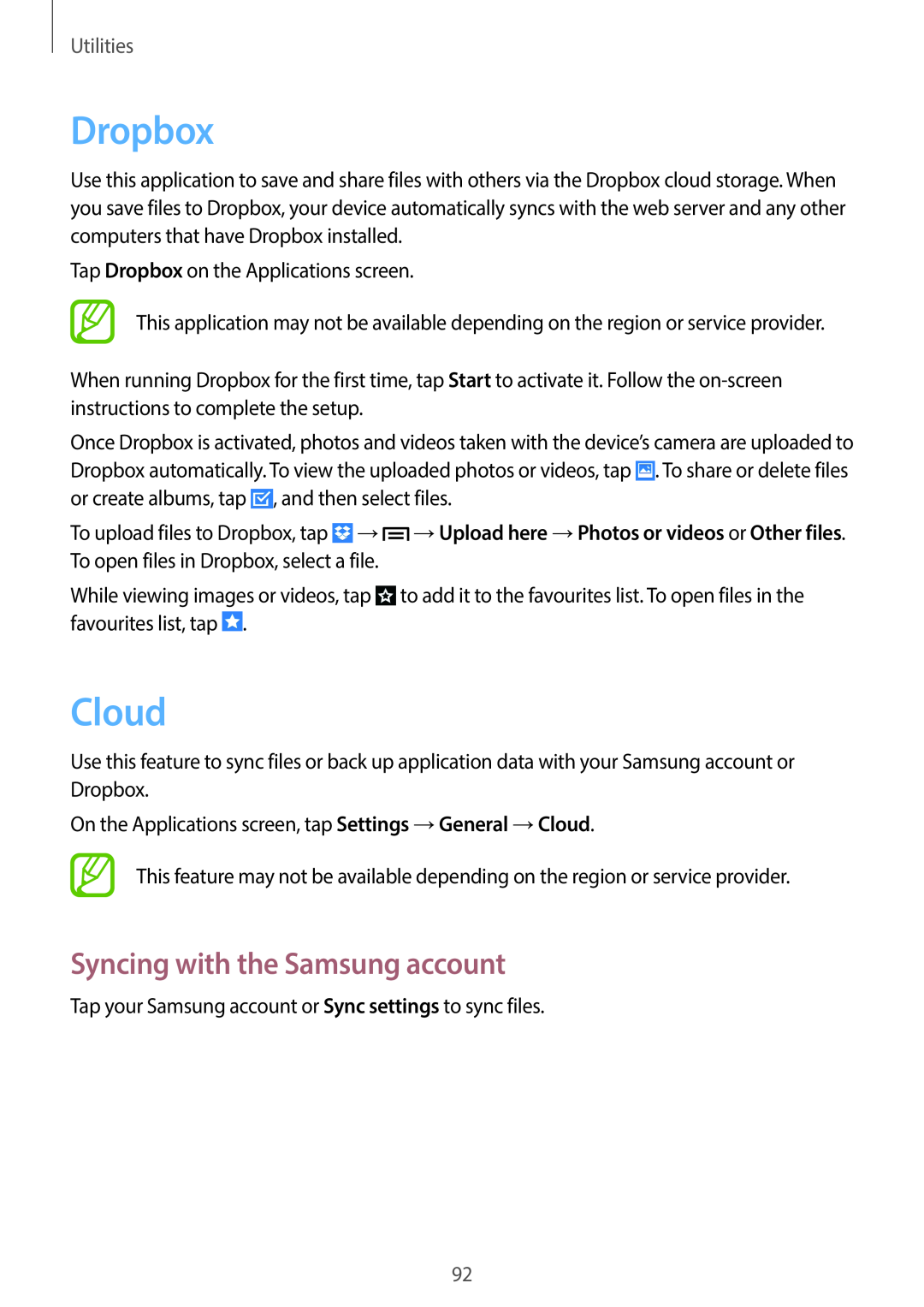 Samsung SM-G7105ZKAPLS, SM-G7105ZKAATO, SM-G7105ZWAATO manual Dropbox, Cloud, Syncing with the Samsung account, Utilities 
