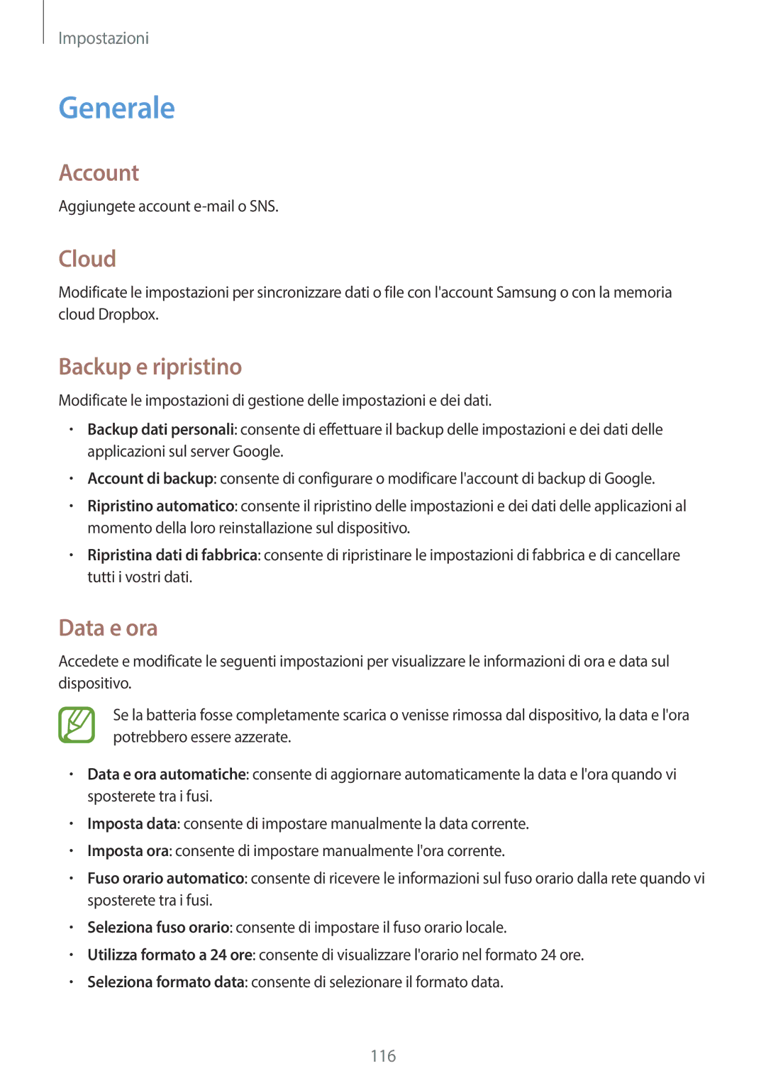 Samsung SM-G7105ZKATUR, SM-G7105ZWATUR, SM-G7105ZKAPLS manual Generale, Account, Cloud, Backup e ripristino, Data e ora 