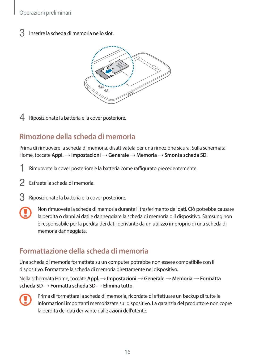 Samsung SM-G7105ZKATUR, SM-G7105ZWATUR manual Rimozione della scheda di memoria, Formattazione della scheda di memoria 