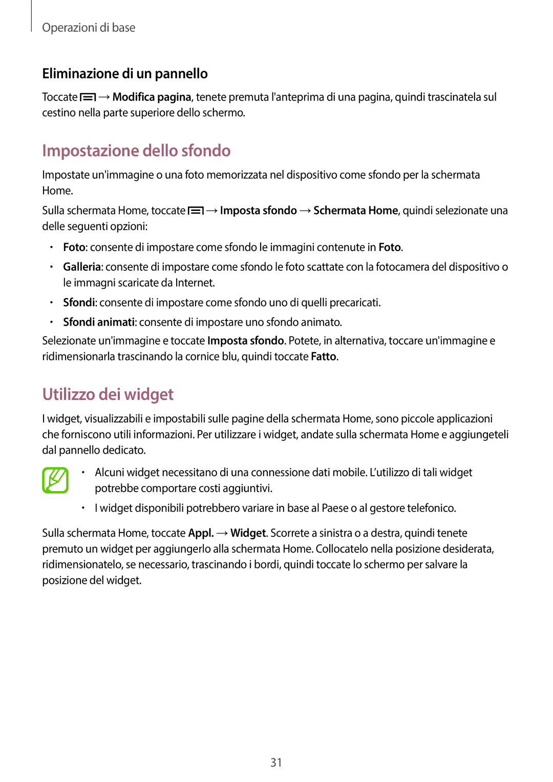 Samsung SM-G7105ZBAXEO, SM-G7105ZKATUR manual Impostazione dello sfondo, Utilizzo dei widget, Eliminazione di un pannello 