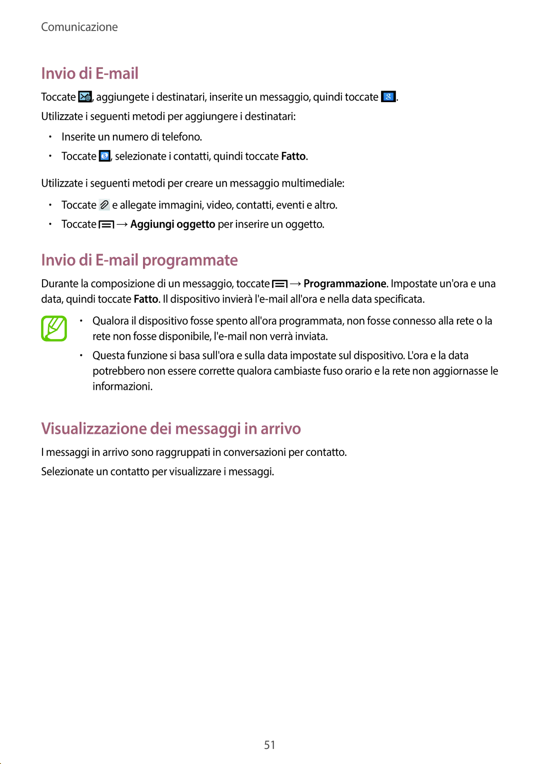 Samsung SM-G7105ZBAXEO, SM-G7105ZKATUR manual Invio di E-mail programmate, Visualizzazione dei messaggi in arrivo 