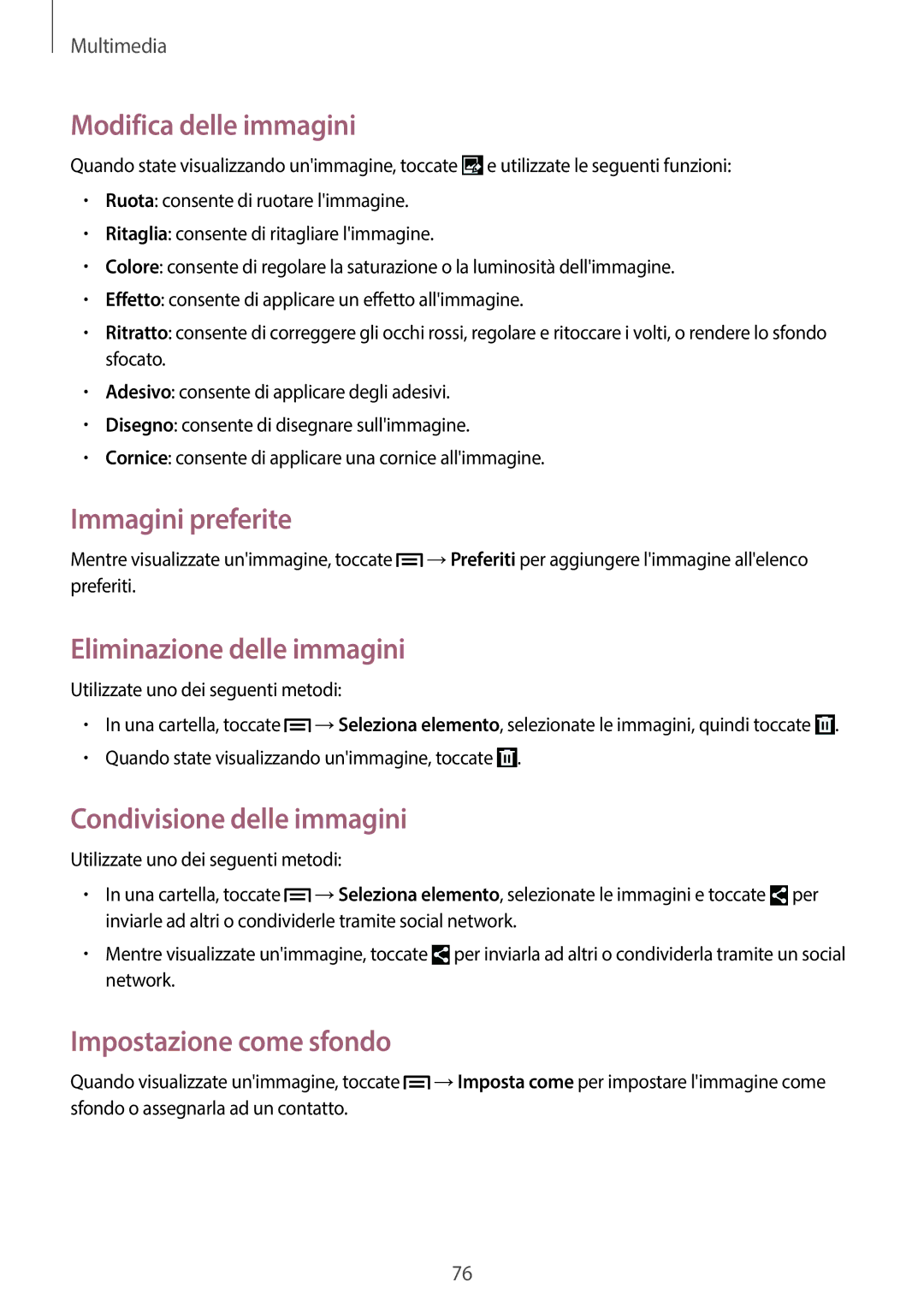 Samsung SM-G7105ZKATUR, SM-G7105ZWATUR manual Immagini preferite, Eliminazione delle immagini, Condivisione delle immagini 