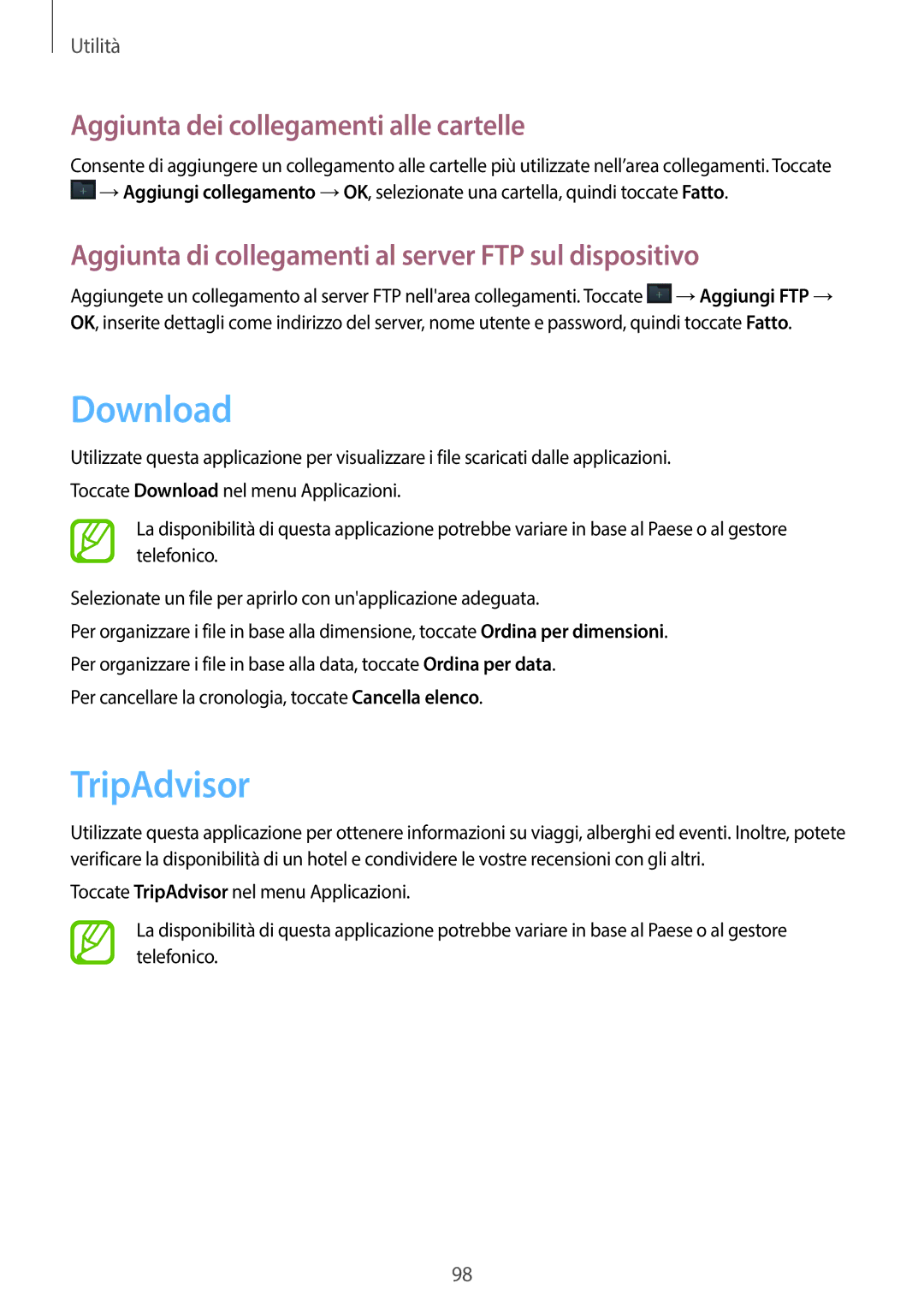 Samsung SM-G7105ZKAPLS, SM-G7105ZKATUR, SM-G7105ZWATUR manual Download, TripAdvisor, Aggiunta dei collegamenti alle cartelle 