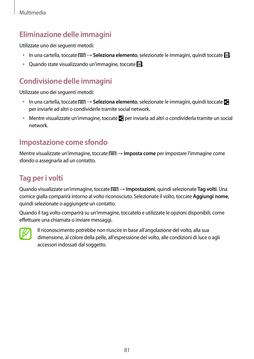 Samsung SM-G7105ZWATUR Eliminazione delle immagini, Condivisione delle immagini, Impostazione come sfondo, Tag per i volti 