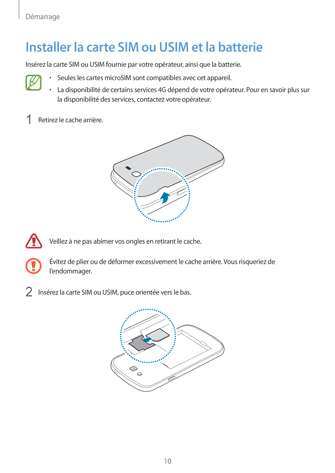 Samsung SM-G7105ZKASFR, SM-G7105ZWABOG, SM-G7105ZBAFTM, SM-G7105ZWASFR manual Installer la carte SIM ou Usim et la batterie 