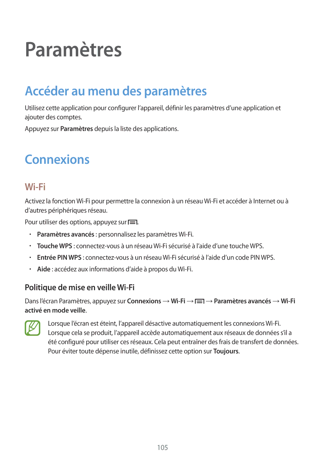 Samsung SM-G7105ZBAFTM, SM-G7105ZWABOG Accéder au menu des paramètres, Connexions, Politique de mise en veille Wi-Fi 