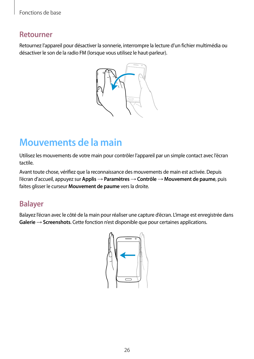 Samsung SM-G7105ZKASFR, SM-G7105ZWABOG, SM-G7105ZBAFTM, SM-G7105ZWASFR manual Mouvements de la main, Retourner, Balayer 