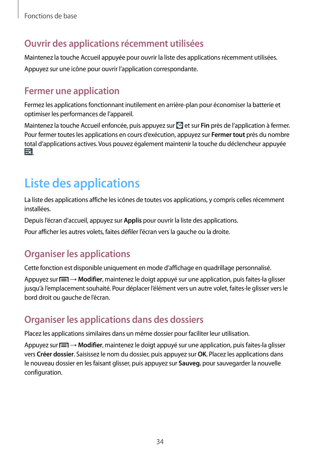 Samsung SM-G7105ZKASFR manual Liste des applications, Ouvrir des applications récemment utilisées, Fermer une application 