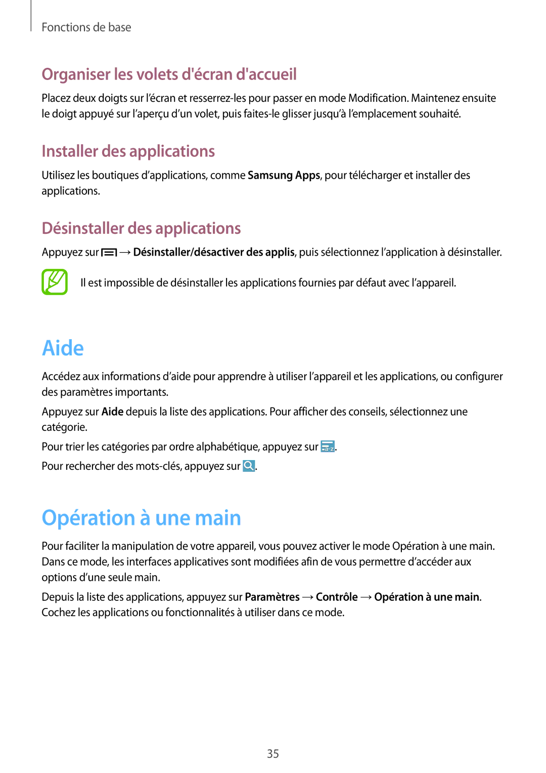 Samsung SM-G7105ZWASFR manual Aide, Opération à une main, Installer des applications, Désinstaller des applications 