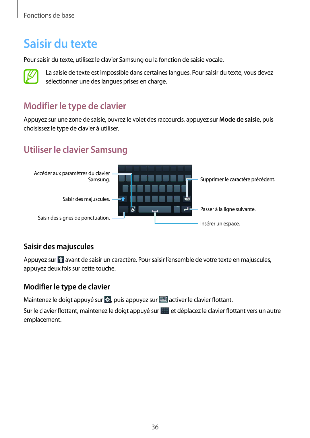 Samsung SM-G7105ZKAXEF Saisir du texte, Modifier le type de clavier, Utiliser le clavier Samsung, Saisir des majuscules 