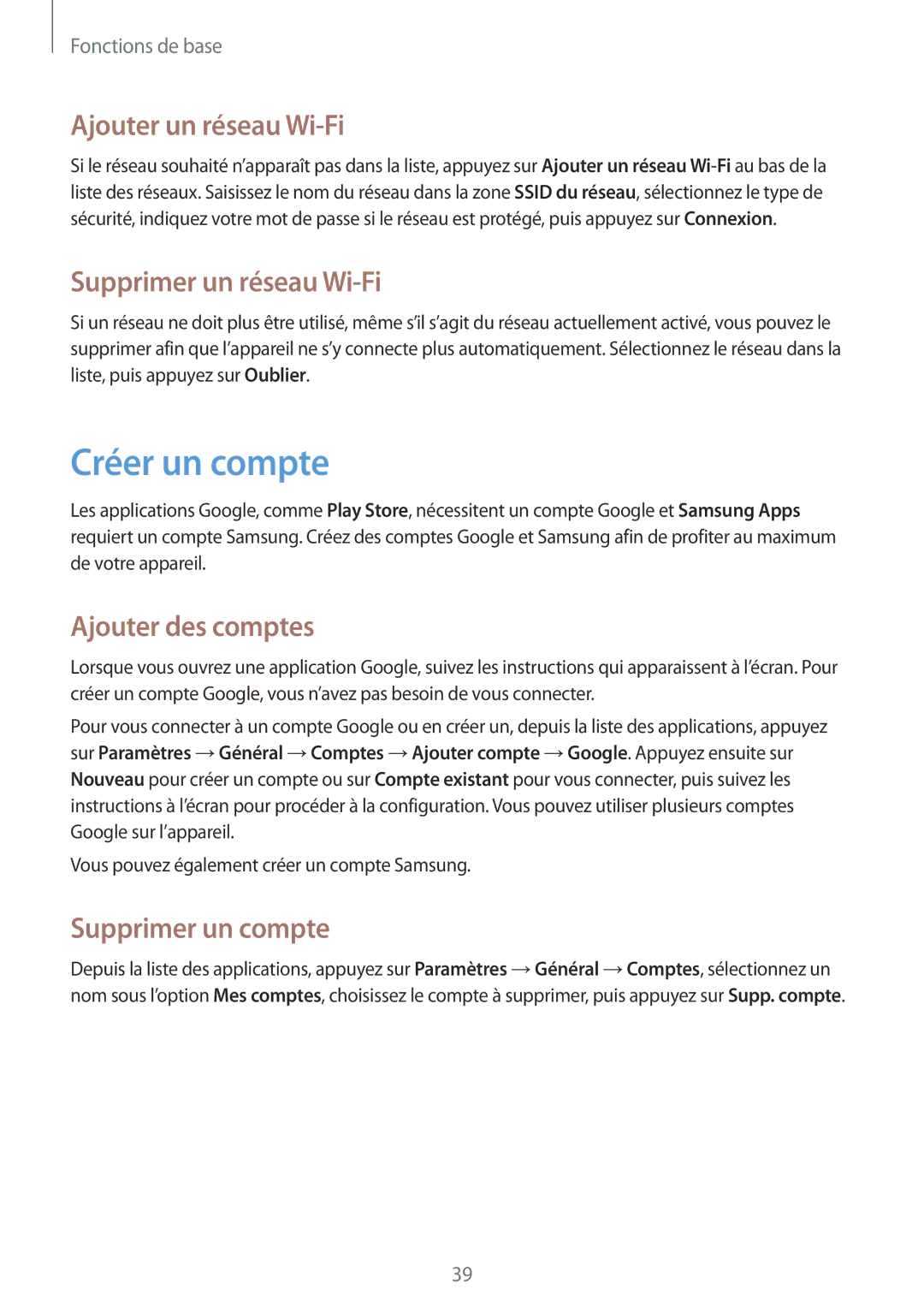 Samsung SM-G7105ZWAXEF manual Créer un compte, Ajouter un réseau Wi-Fi, Supprimer un réseau Wi-Fi, Ajouter des comptes 