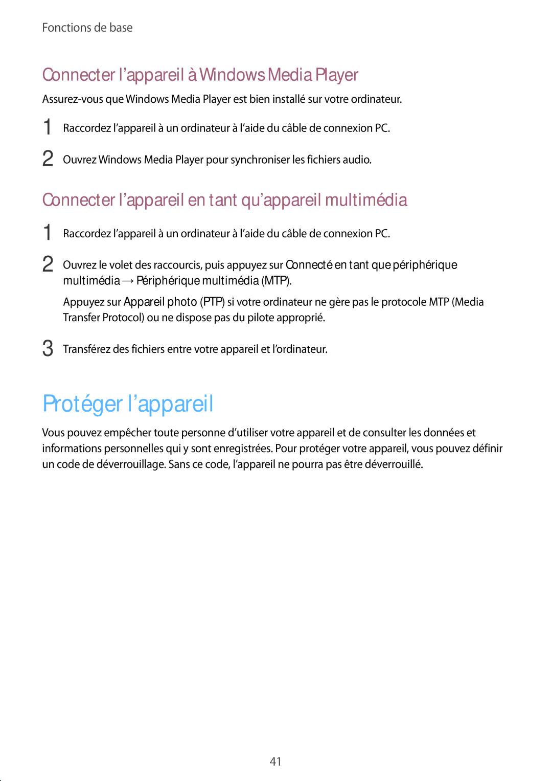 Samsung SM-G7105ZBAFTM, SM-G7105ZWABOG, SM-G7105ZKASFR Protéger l’appareil, Connecter l’appareil à Windows Media Player 