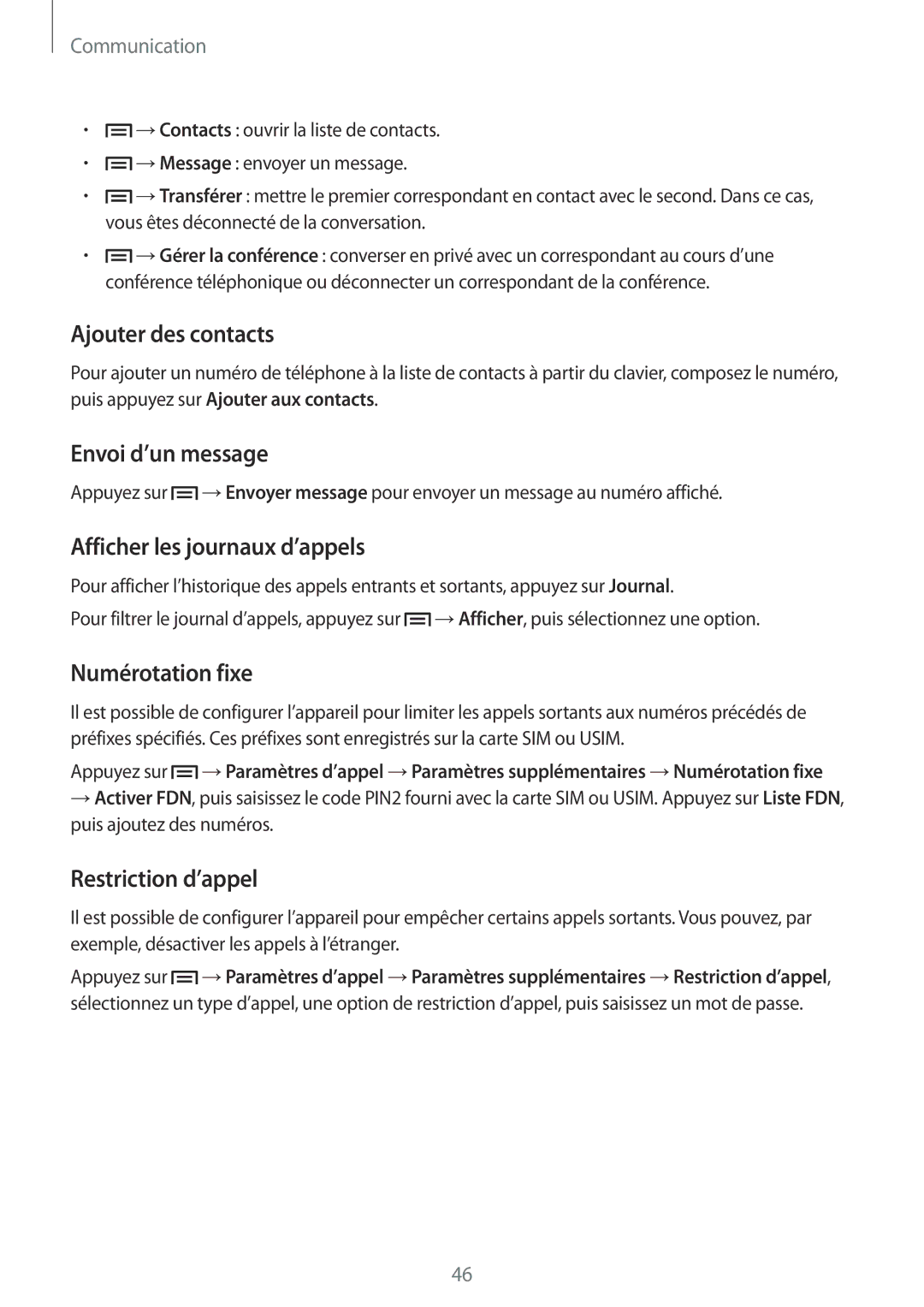 Samsung SM-G7105ZWAFTM manual Ajouter des contacts, Envoi d’un message, Afficher les journaux d’appels, Numérotation fixe 