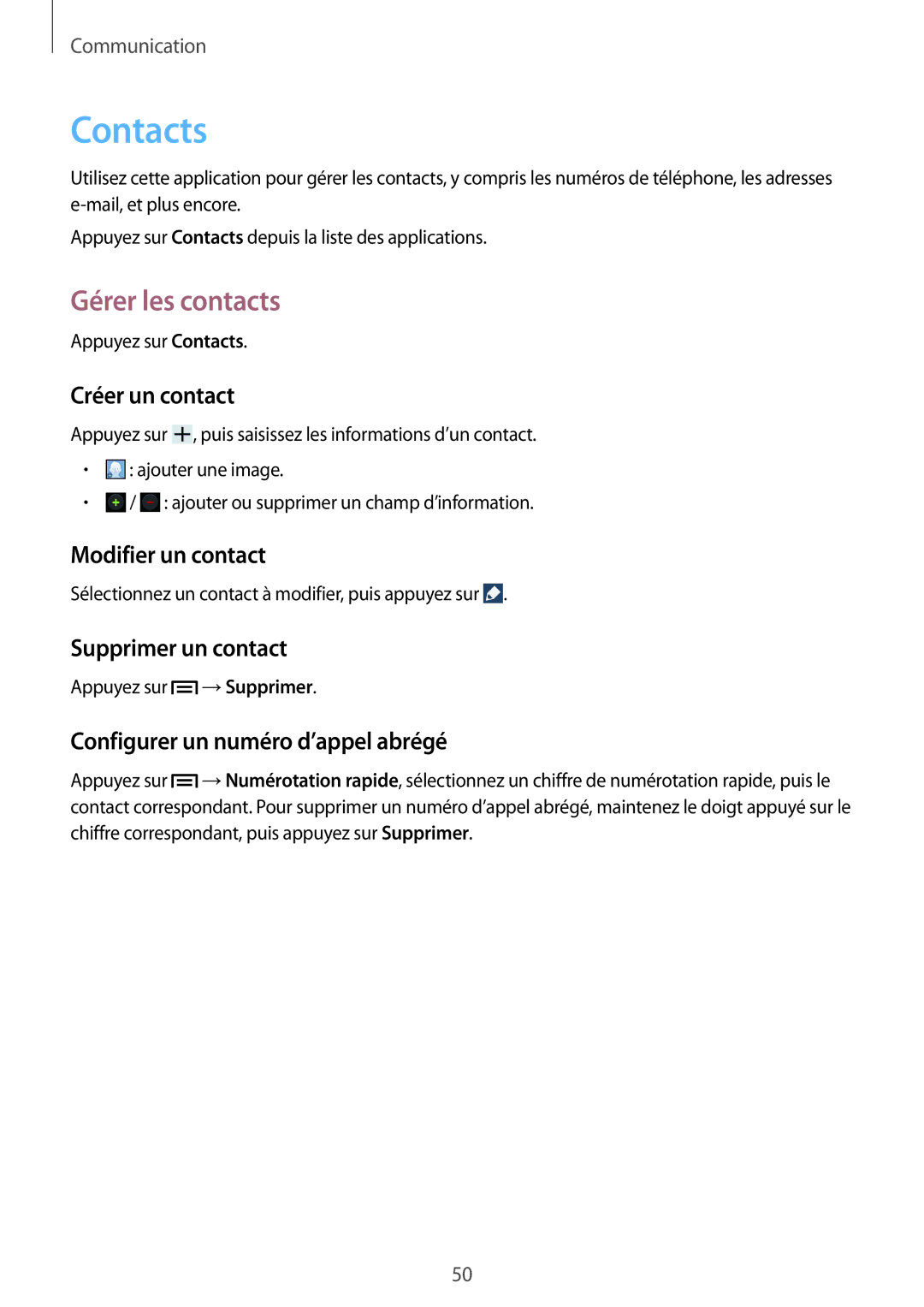 Samsung SM-G7105ZKASFR, SM-G7105ZWABOG, SM-G7105ZBAFTM, SM-G7105ZWASFR, SM-G7105ZKAXEF manual Contacts, Gérer les contacts 