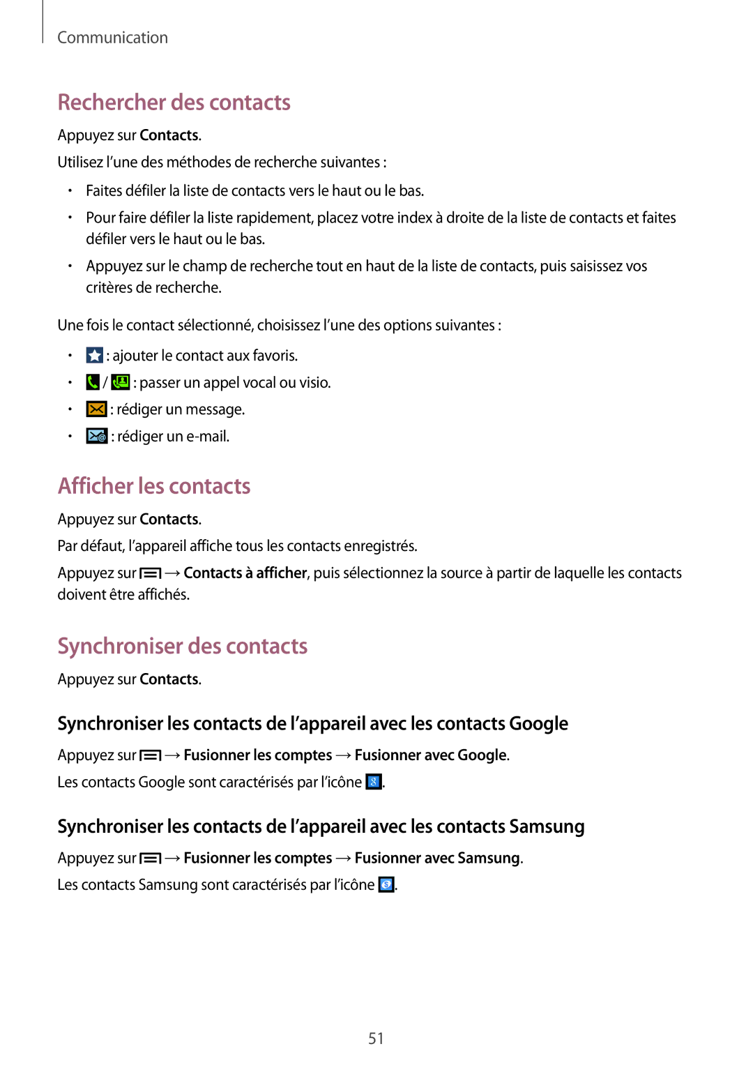 Samsung SM-G7105ZWASFR, SM-G7105ZWABOG manual Rechercher des contacts, Afficher les contacts, Synchroniser des contacts 