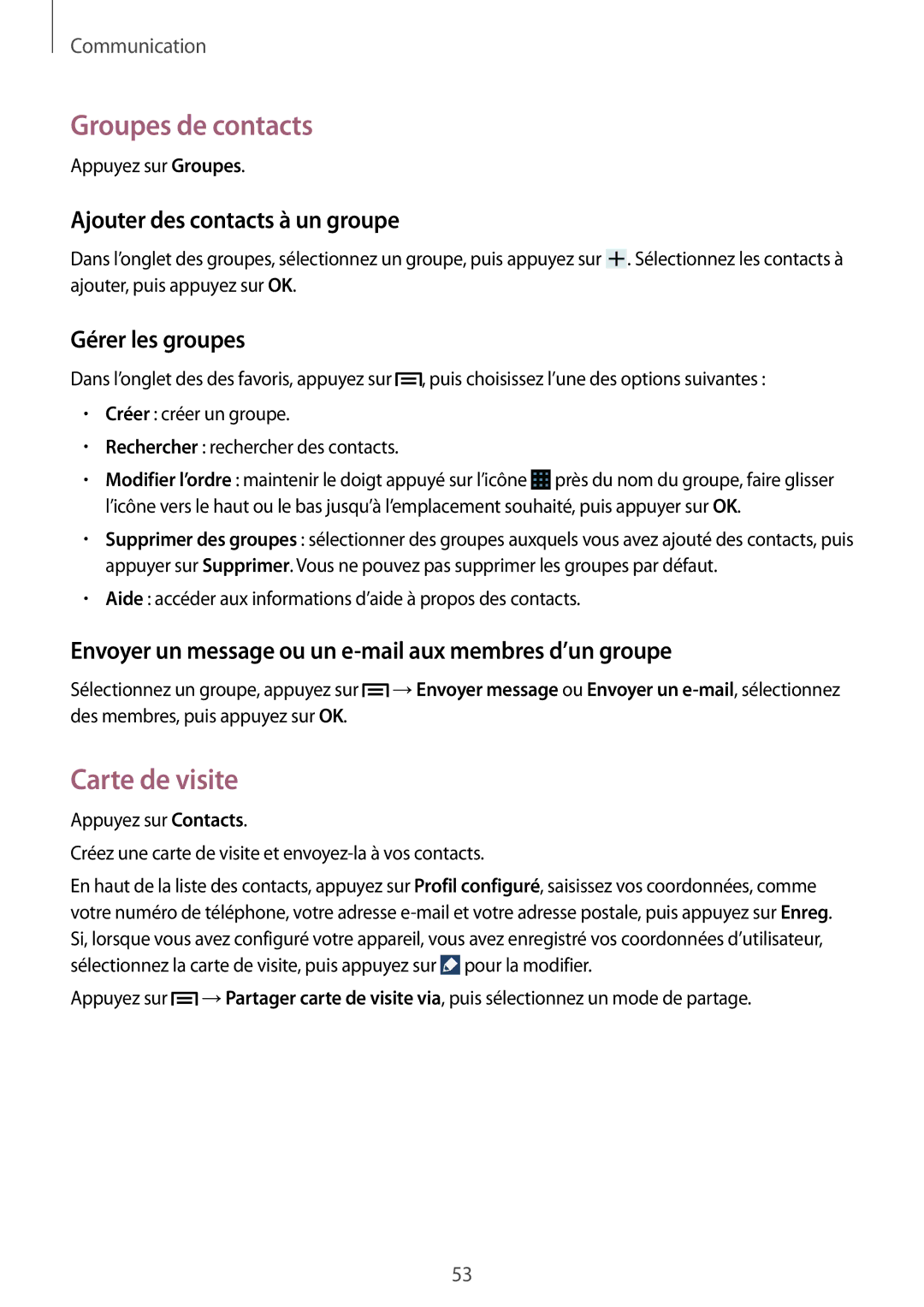 Samsung SM-G7105ZKABOG manual Groupes de contacts, Carte de visite, Ajouter des contacts à un groupe, Gérer les groupes 