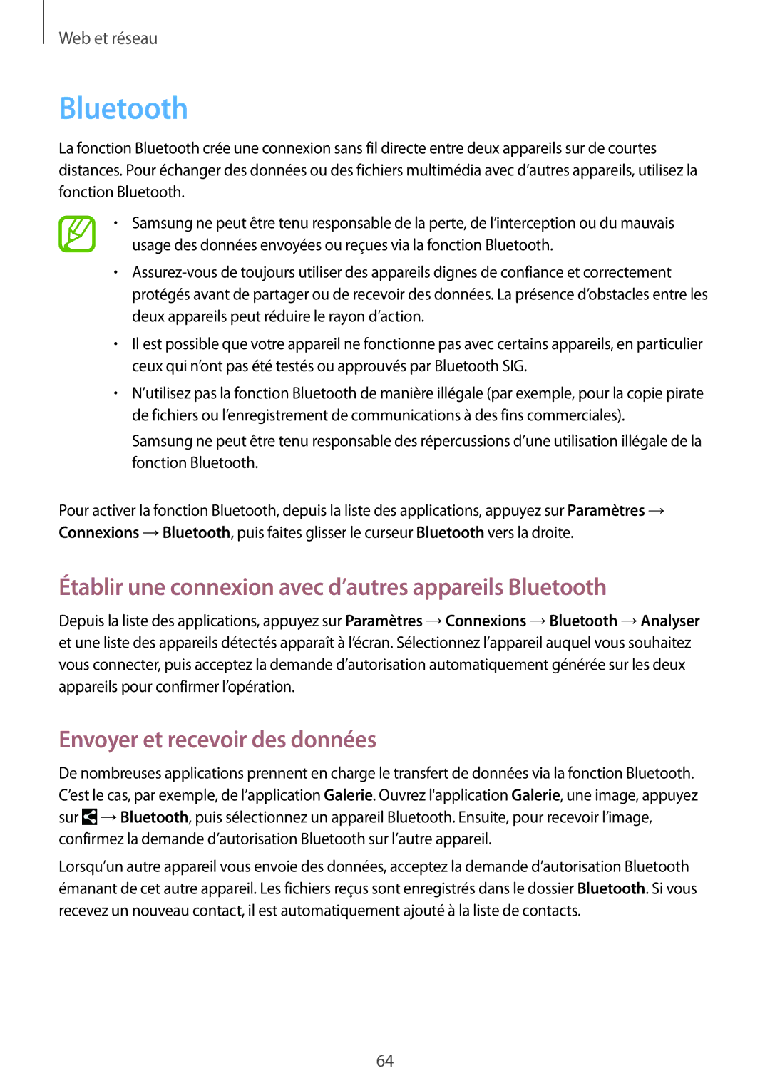 Samsung SM-G7105ZWABOG manual Établir une connexion avec d’autres appareils Bluetooth, Envoyer et recevoir des données 