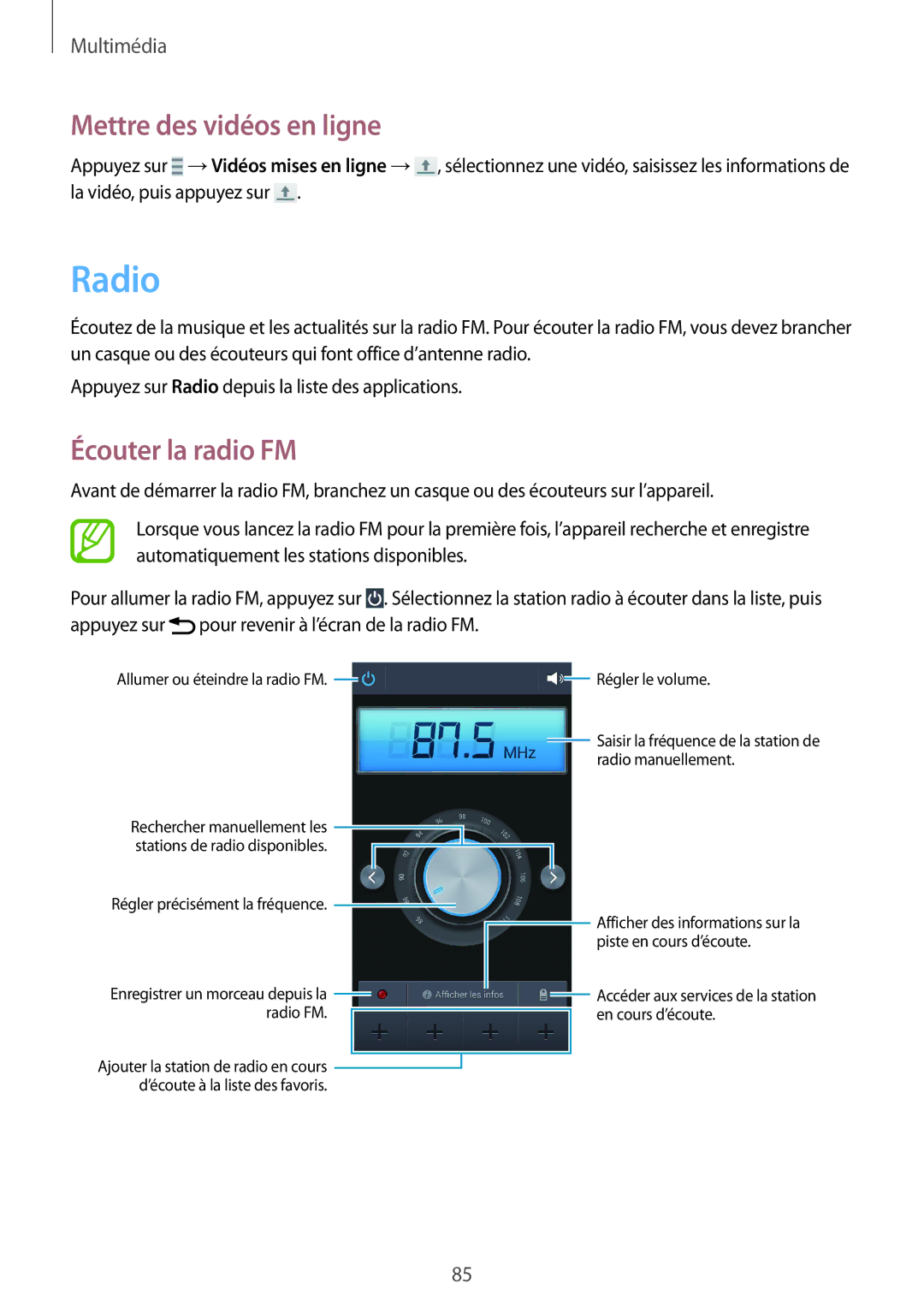 Samsung SM-G7105ZKABOG, SM-G7105ZWABOG, SM-G7105ZBAFTM manual Radio, Mettre des vidéos en ligne, Écouter la radio FM 