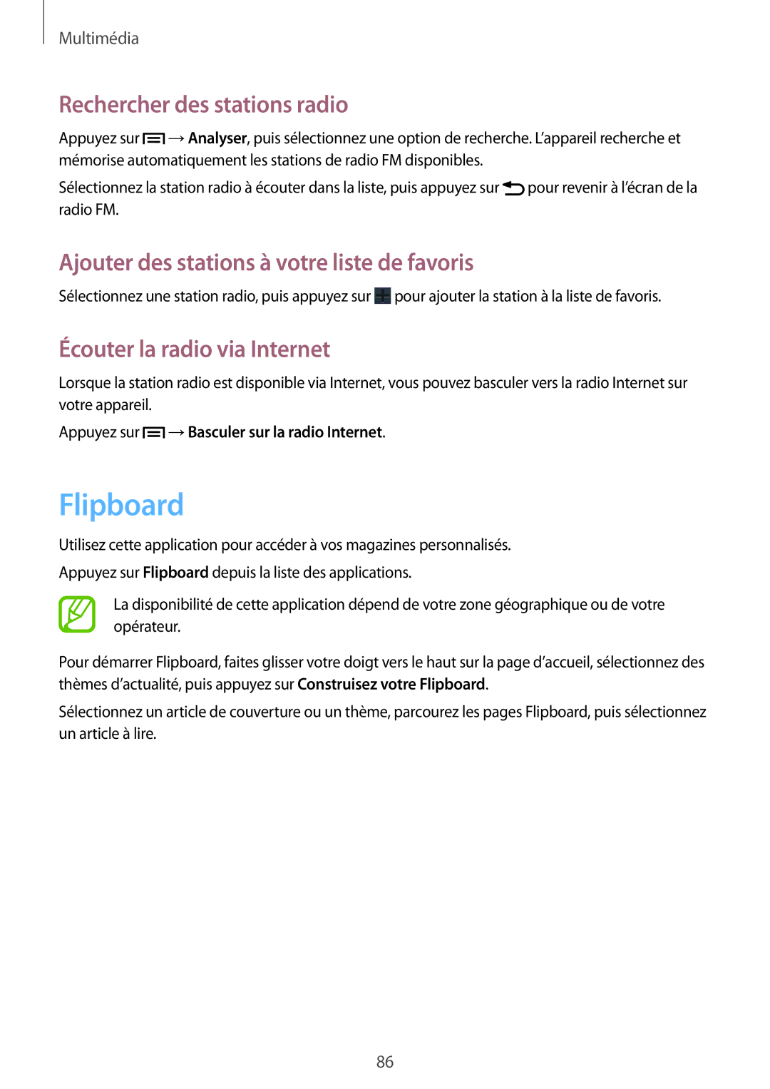 Samsung SM-G7105ZWAFTM manual Flipboard, Rechercher des stations radio, Ajouter des stations à votre liste de favoris 