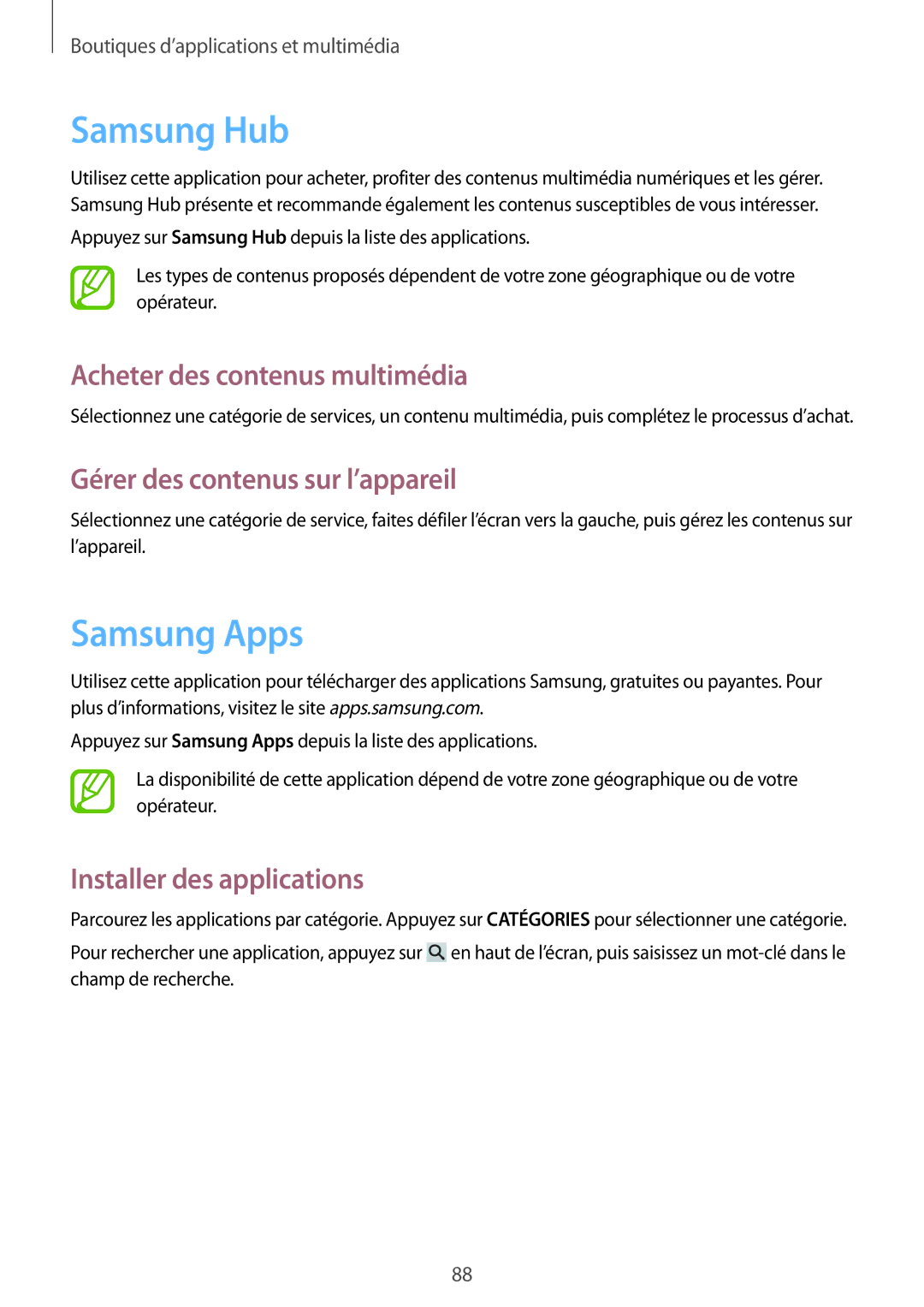 Samsung SM-G7105ZWABOG manual Samsung Hub, Samsung Apps, Acheter des contenus multimédia, Gérer des contenus sur l’appareil 