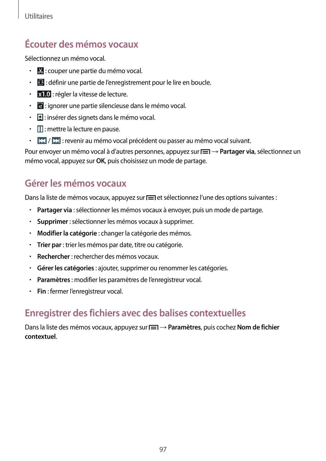 Samsung SM-G7105ZBAFTM, SM-G7105ZWABOG, SM-G7105ZKASFR manual Écouter des mémos vocaux, Gérer les mémos vocaux, Contextuel 