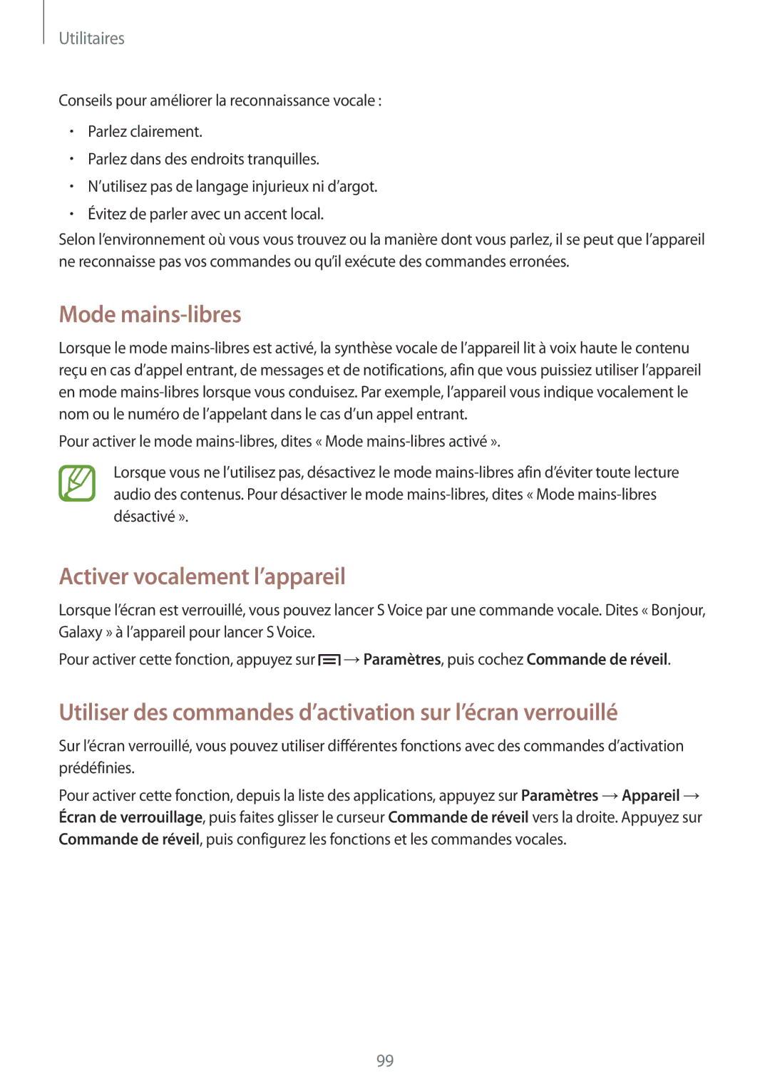Samsung SM-G7105ZWASFR, SM-G7105ZWABOG, SM-G7105ZBAFTM, SM-G7105ZKASFR manual Mode mains-libres, Activer vocalement l’appareil 