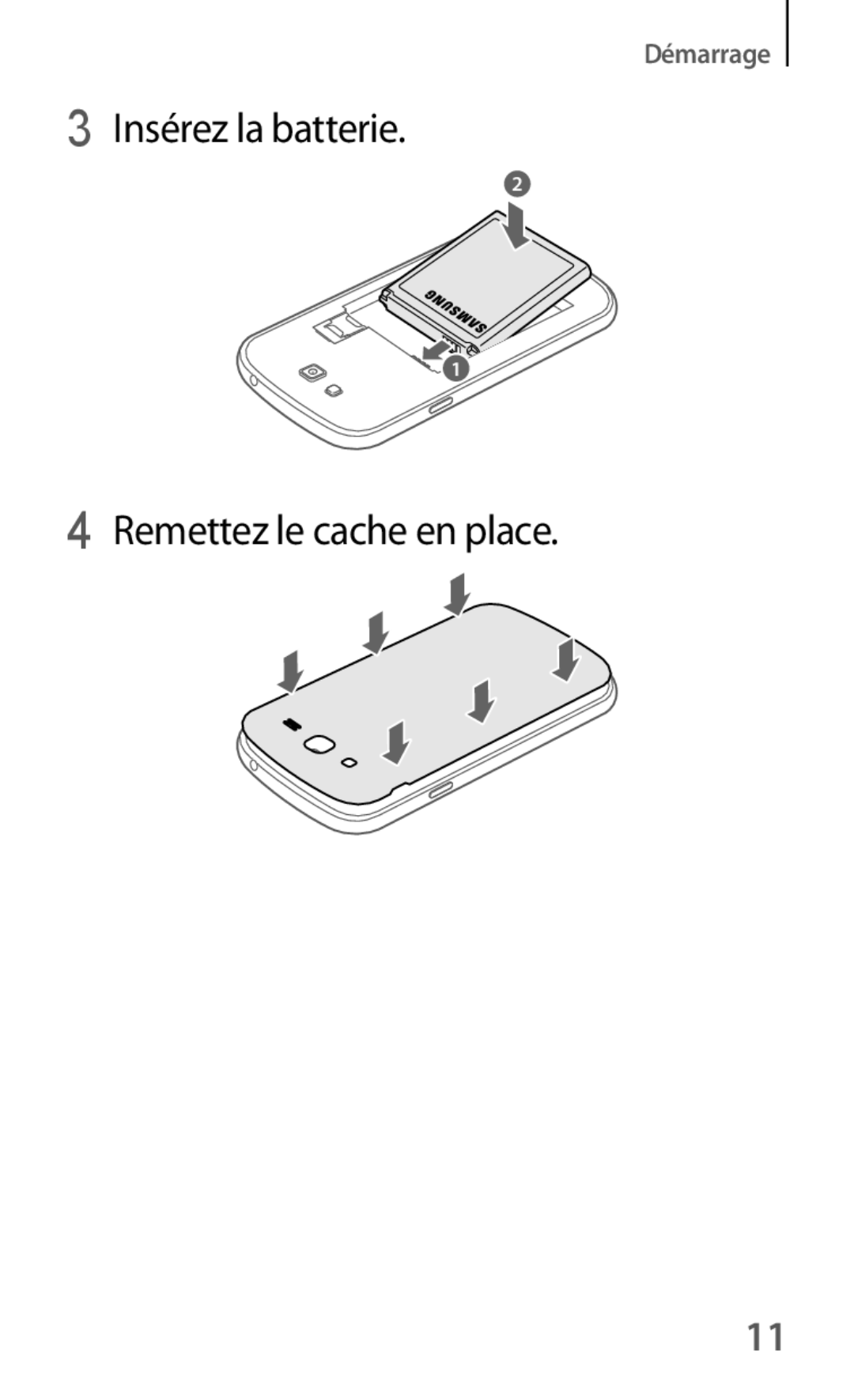 Samsung SM-G7105ZWASFR, SM-G7105ZWABOG, SM-G7105ZBAFTM, SM-G7105ZKASFR manual Insérez la batterie Remettez le cache en place 