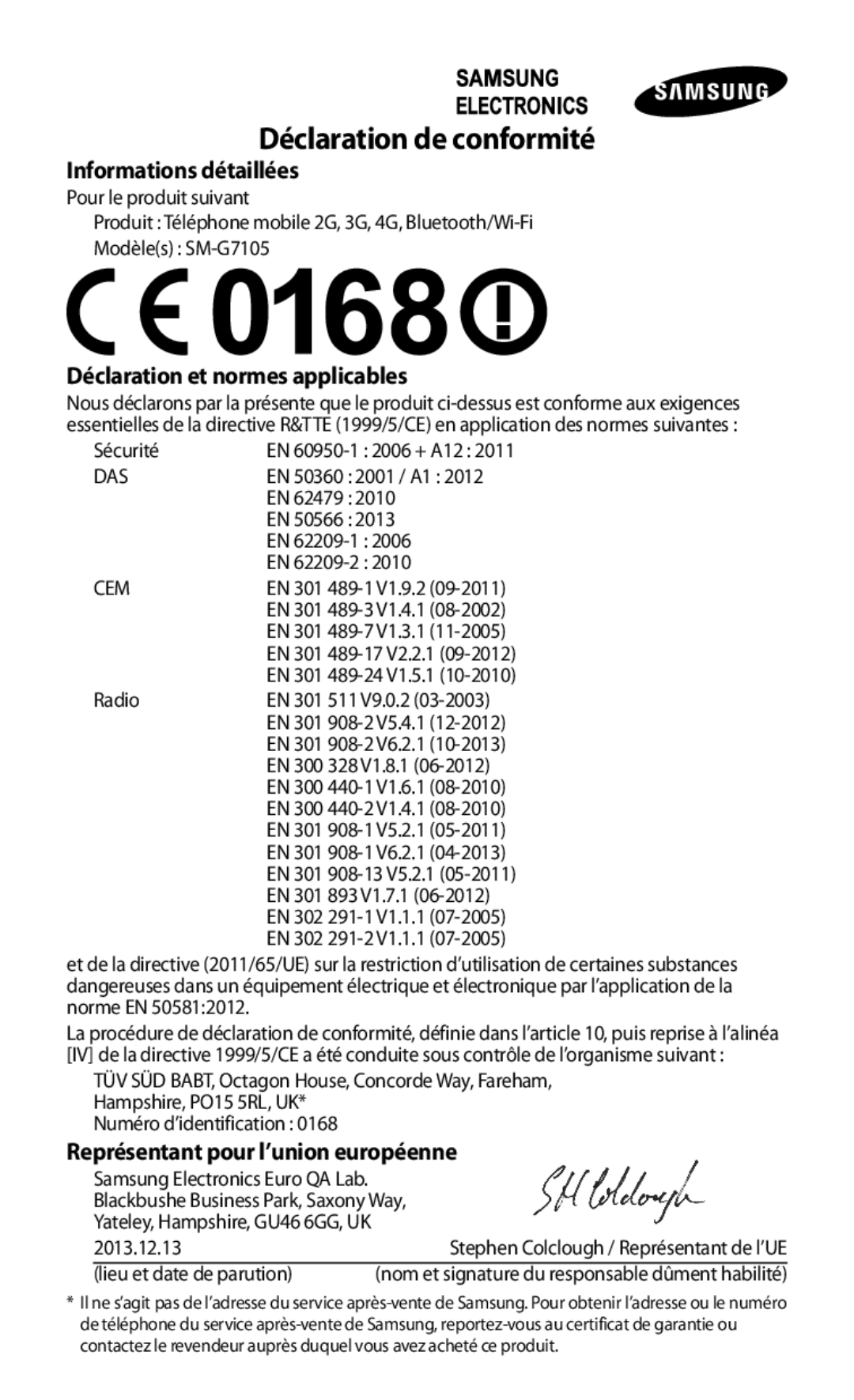 Samsung SM-G7105ZBAFTM, SM-G7105ZWABOG, SM-G7105ZKASFR, SM-G7105ZWASFR, SM-G7105ZKAXEF manual Déclaration de conformité 