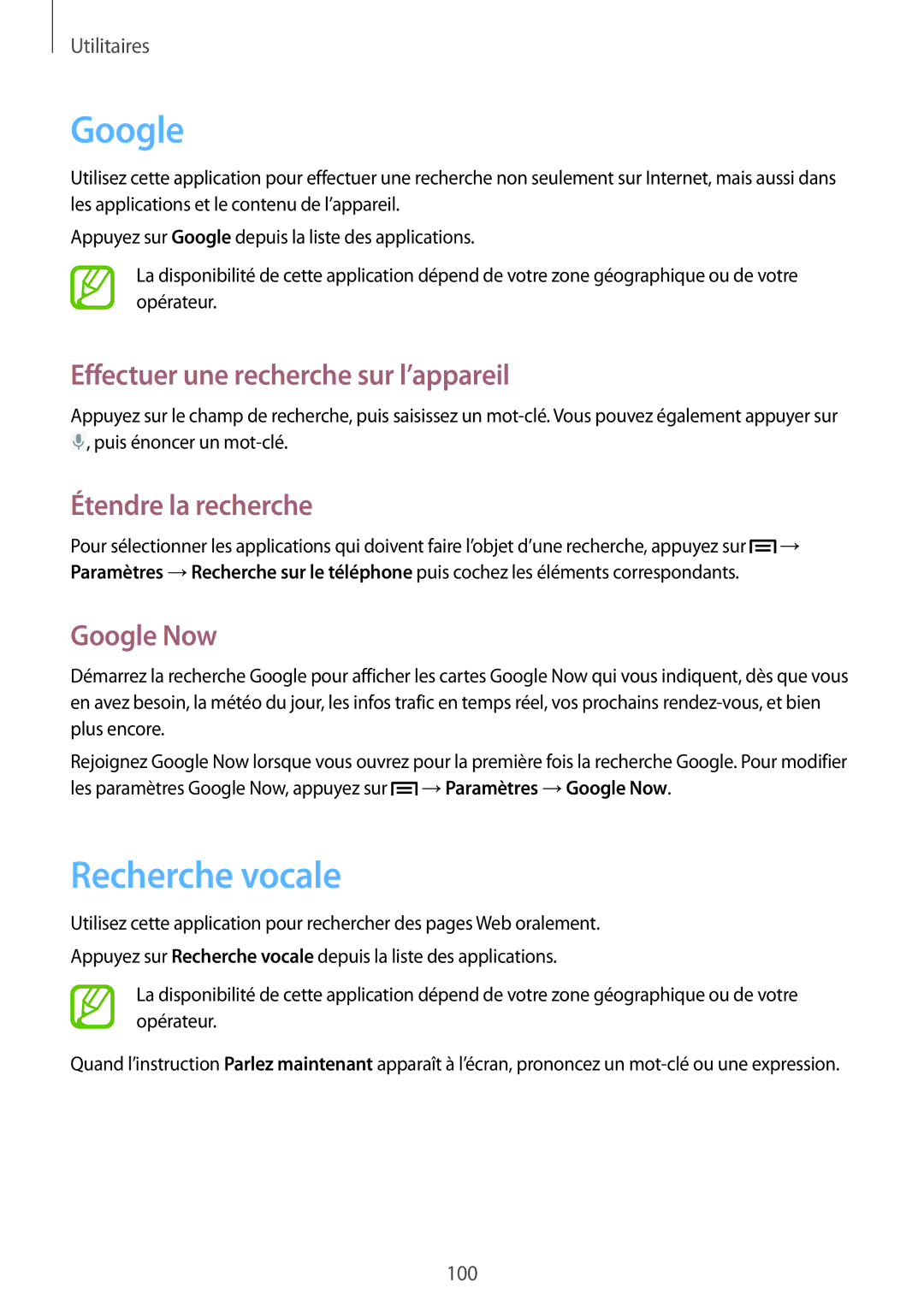 Samsung SM-G7105ZKAXEF Recherche vocale, Effectuer une recherche sur l’appareil, Étendre la recherche, Google Now 