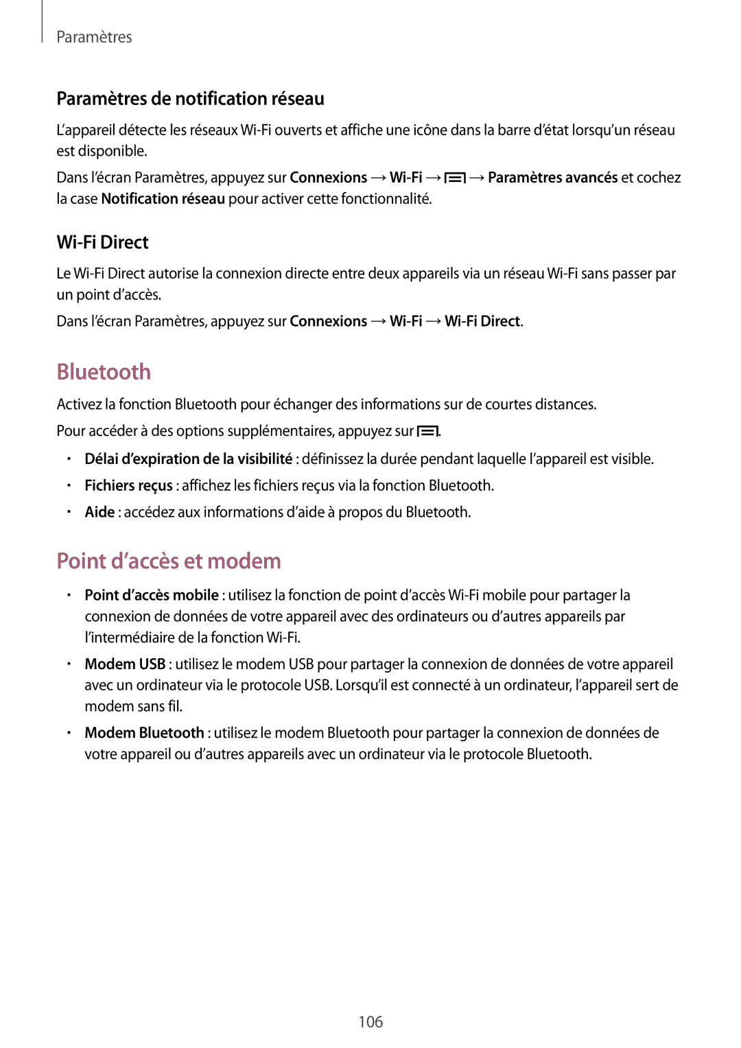 Samsung SM-G7105ZKASFR, SM-G7105ZWABOG Bluetooth, Point d’accès et modem, Paramètres de notification réseau, Wi-Fi Direct 