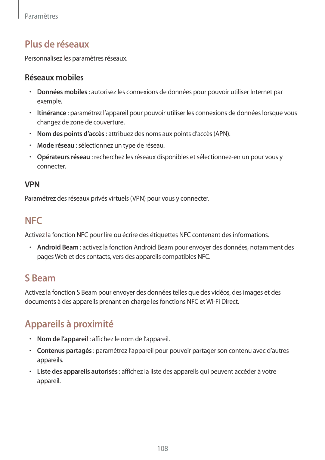 Samsung SM-G7105ZKAXEF, SM-G7105ZWABOG, SM-G7105ZBAFTM manual Plus de réseaux, Beam, Appareils à proximité, Réseaux mobiles 