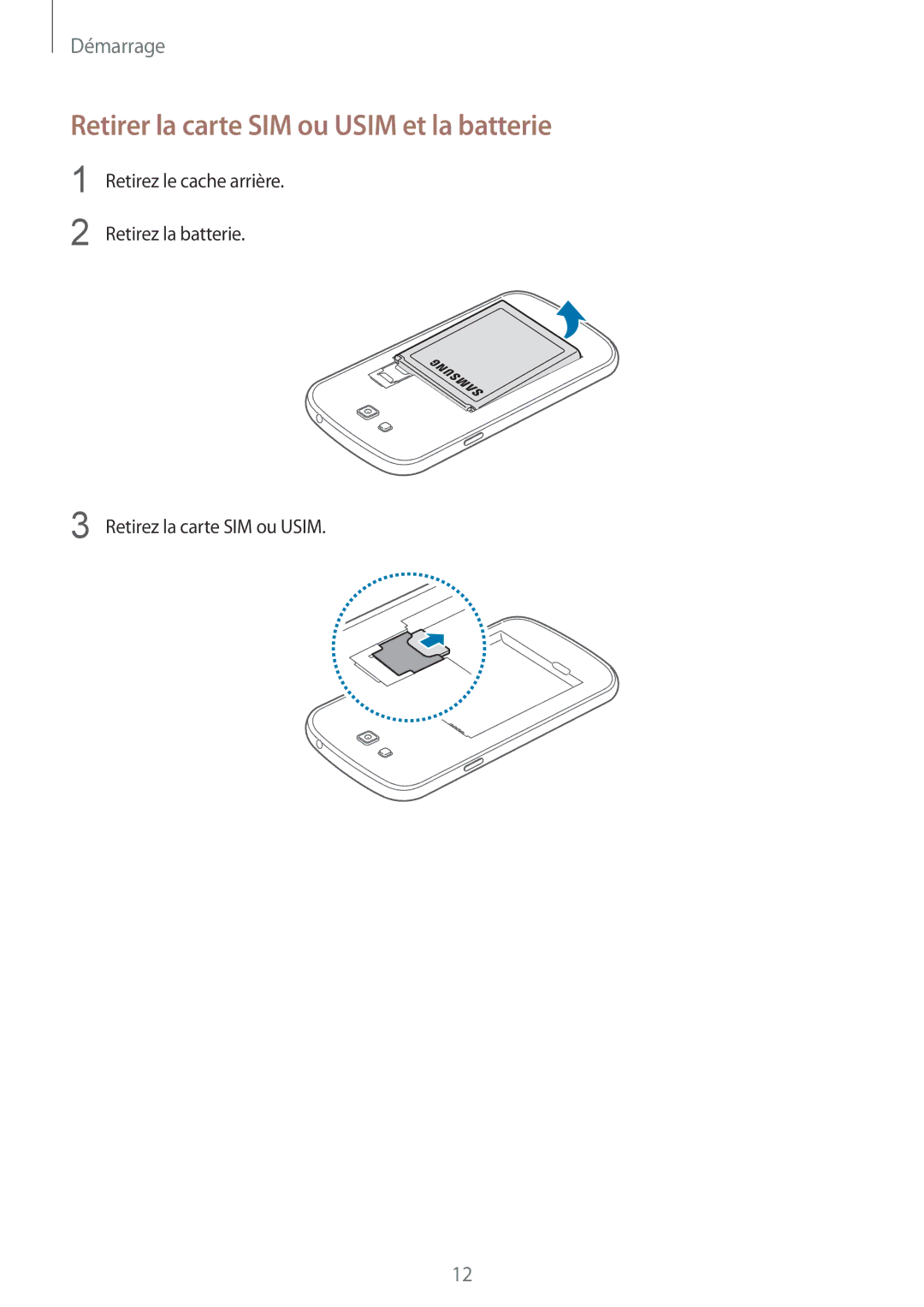 Samsung SM-G7105ZKAXEF, SM-G7105ZWABOG, SM-G7105ZBAFTM, SM-G7105ZKASFR manual Retirer la carte SIM ou Usim et la batterie 