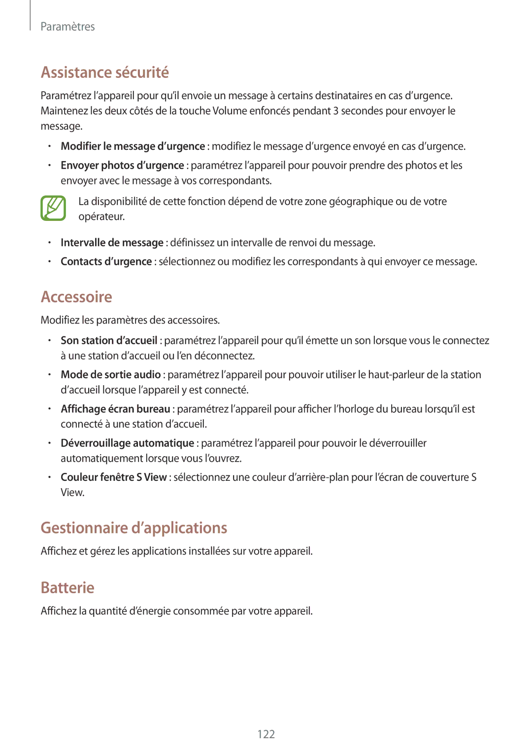Samsung SM-G7105ZKASFR, SM-G7105ZWABOG manual Assistance sécurité, Accessoire, Gestionnaire d’applications, Batterie 