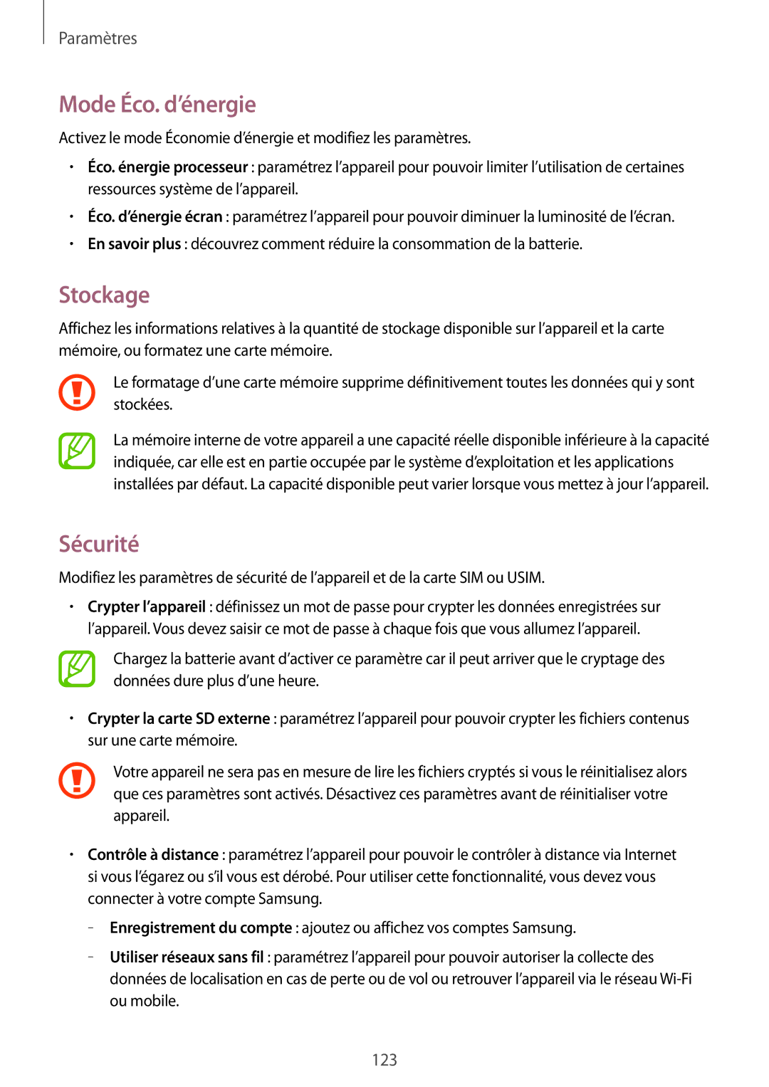 Samsung SM-G7105ZWASFR, SM-G7105ZWABOG, SM-G7105ZBAFTM, SM-G7105ZKASFR manual Mode Éco. d’énergie, Stockage, Sécurité 