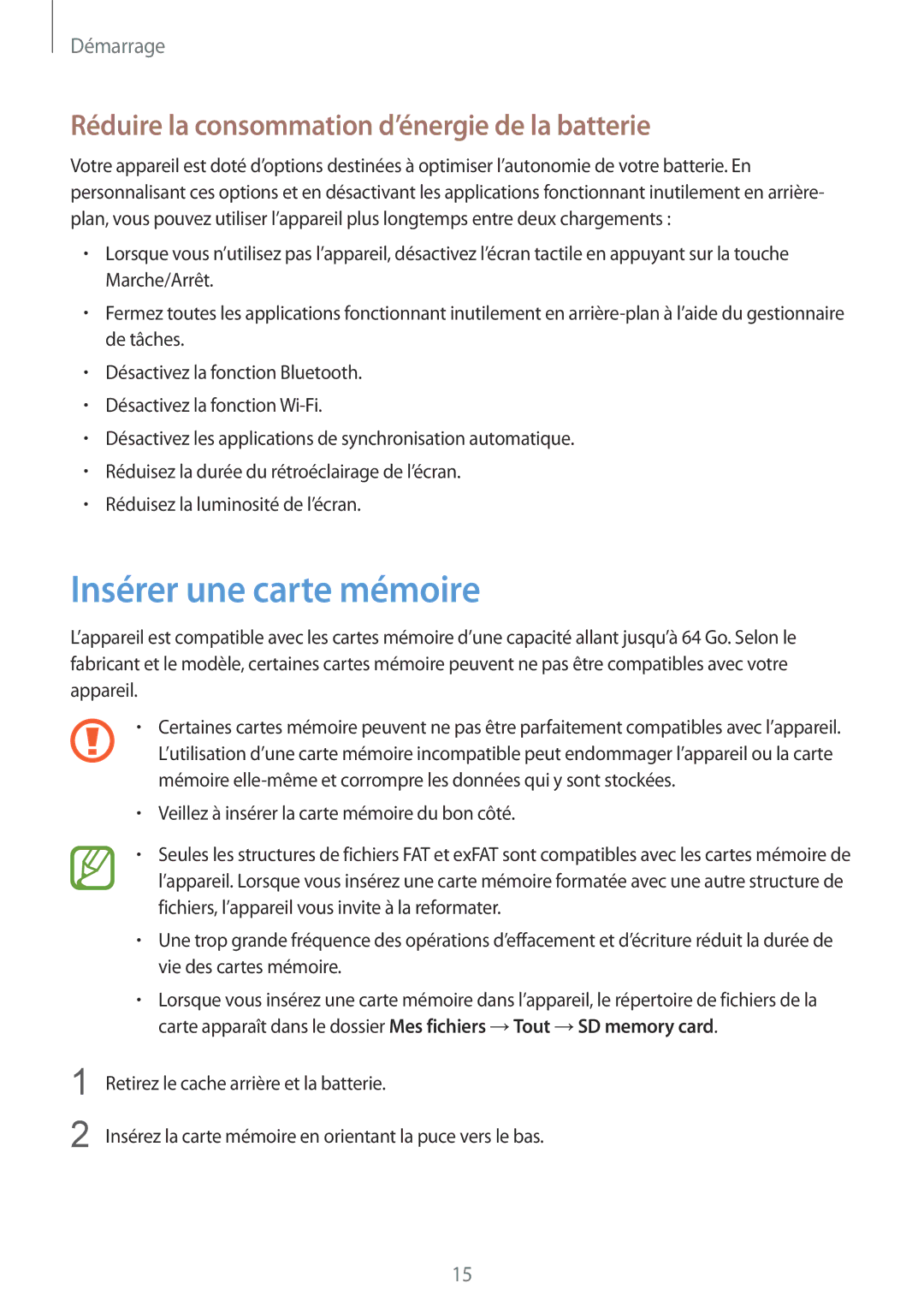 Samsung SM-G7105ZWAXEF, SM-G7105ZWABOG manual Insérer une carte mémoire, Réduire la consommation d’énergie de la batterie 