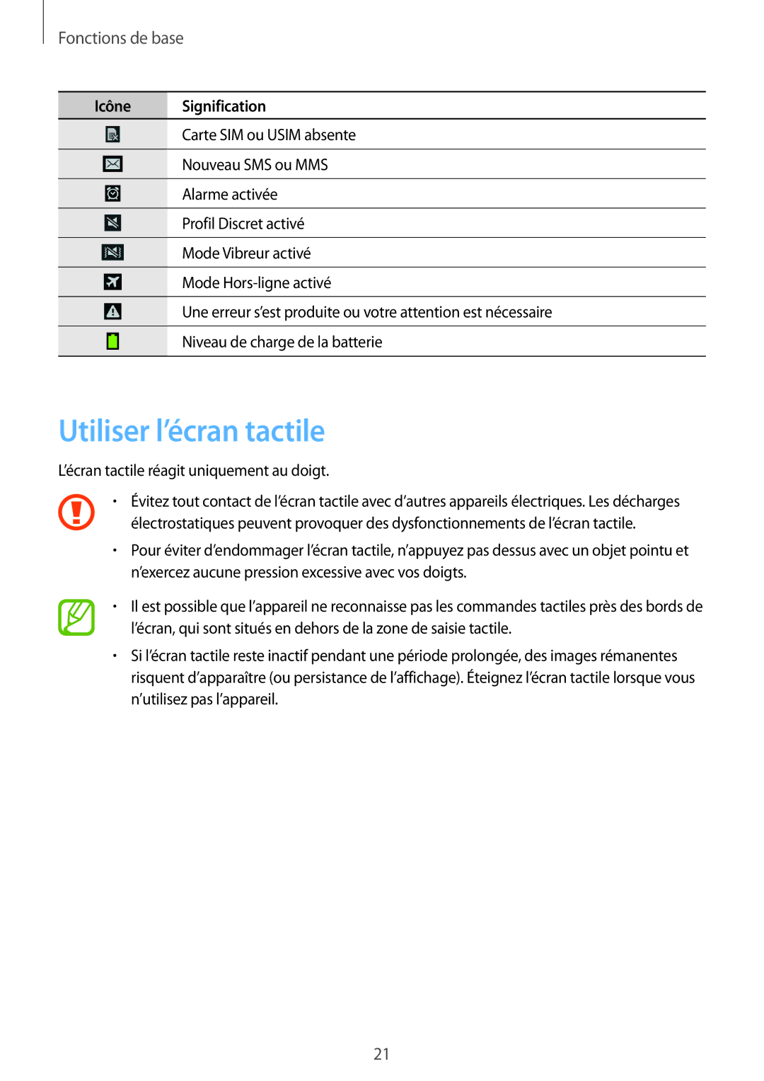 Samsung SM-G7105ZKABOG, SM-G7105ZWABOG, SM-G7105ZBAFTM, SM-G7105ZKASFR manual Utiliser l’écran tactile, Fonctions de base 