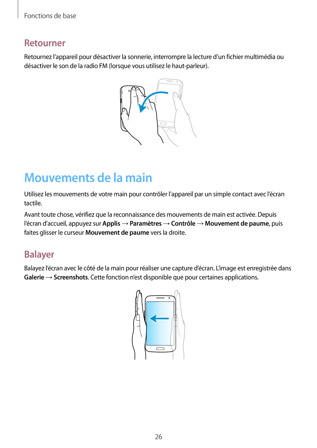 Samsung SM-G7105ZKASFR, SM-G7105ZWABOG, SM-G7105ZBAFTM, SM-G7105ZWASFR manual Mouvements de la main, Retourner, Balayer 