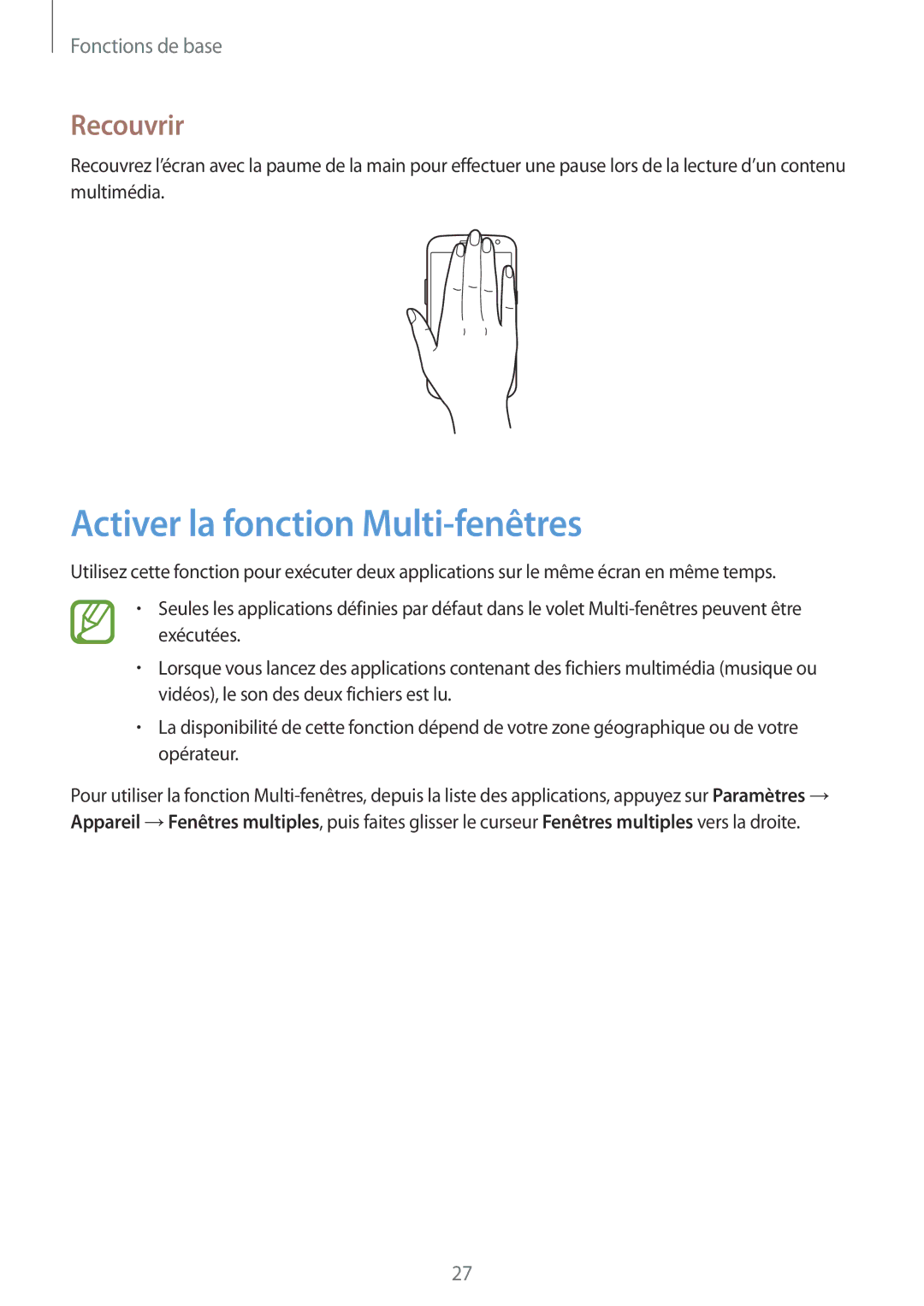 Samsung SM-G7105ZWASFR, SM-G7105ZWABOG, SM-G7105ZBAFTM, SM-G7105ZKASFR manual Activer la fonction Multi-fenêtres, Recouvrir 