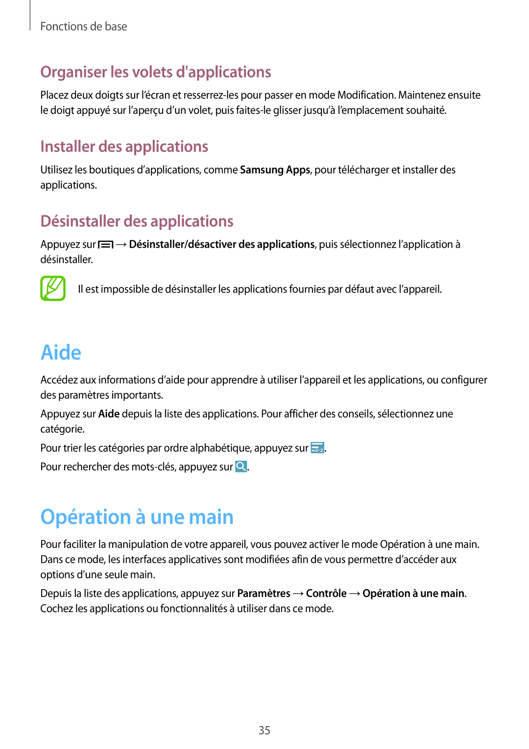 Samsung SM-G7105ZWASFR manual Aide, Opération à une main, Organiser les volets dapplications, Installer des applications 